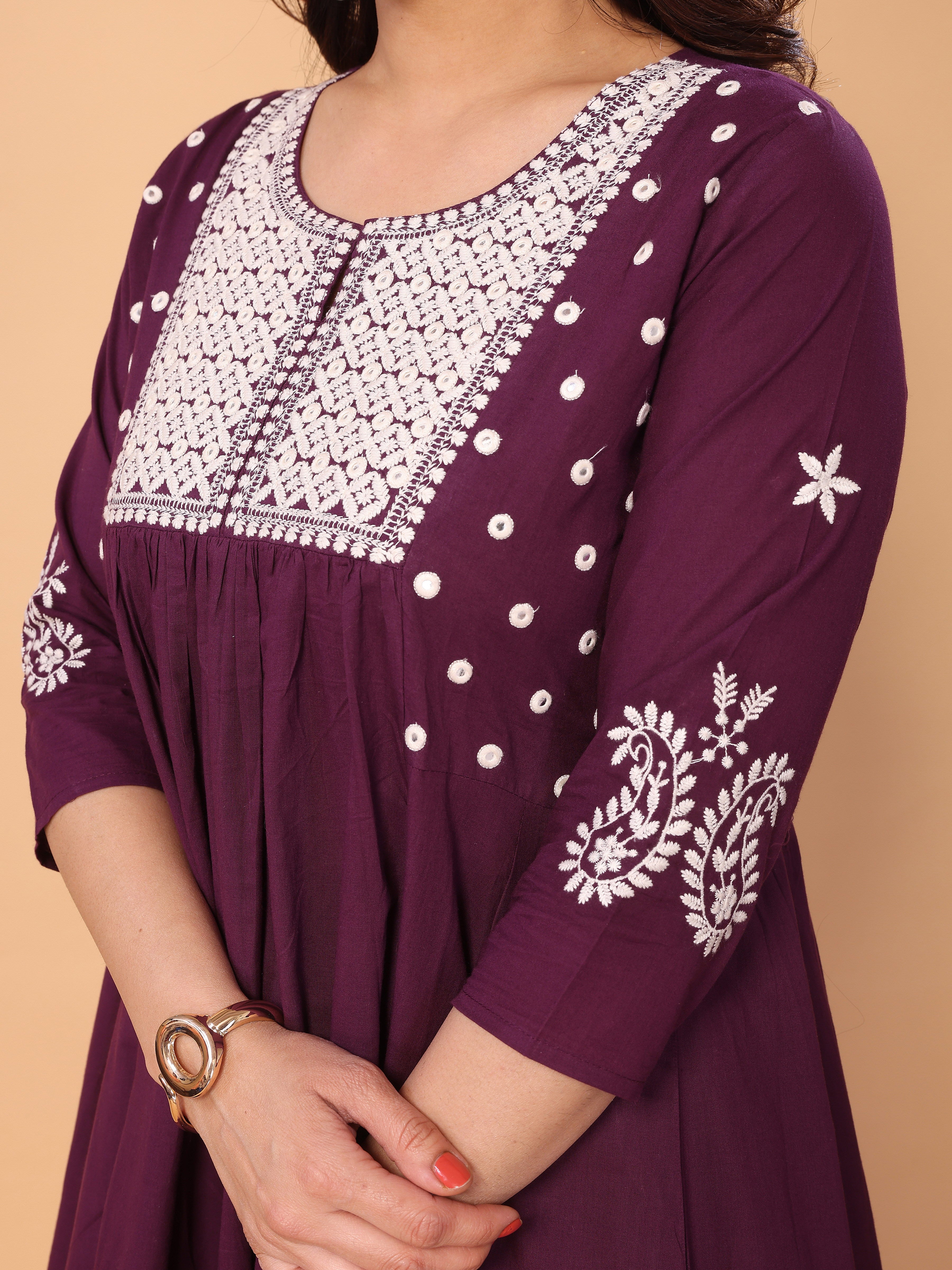 Wine Berry Flared A-Line Mirror Embellished Kurta Palazzo Set