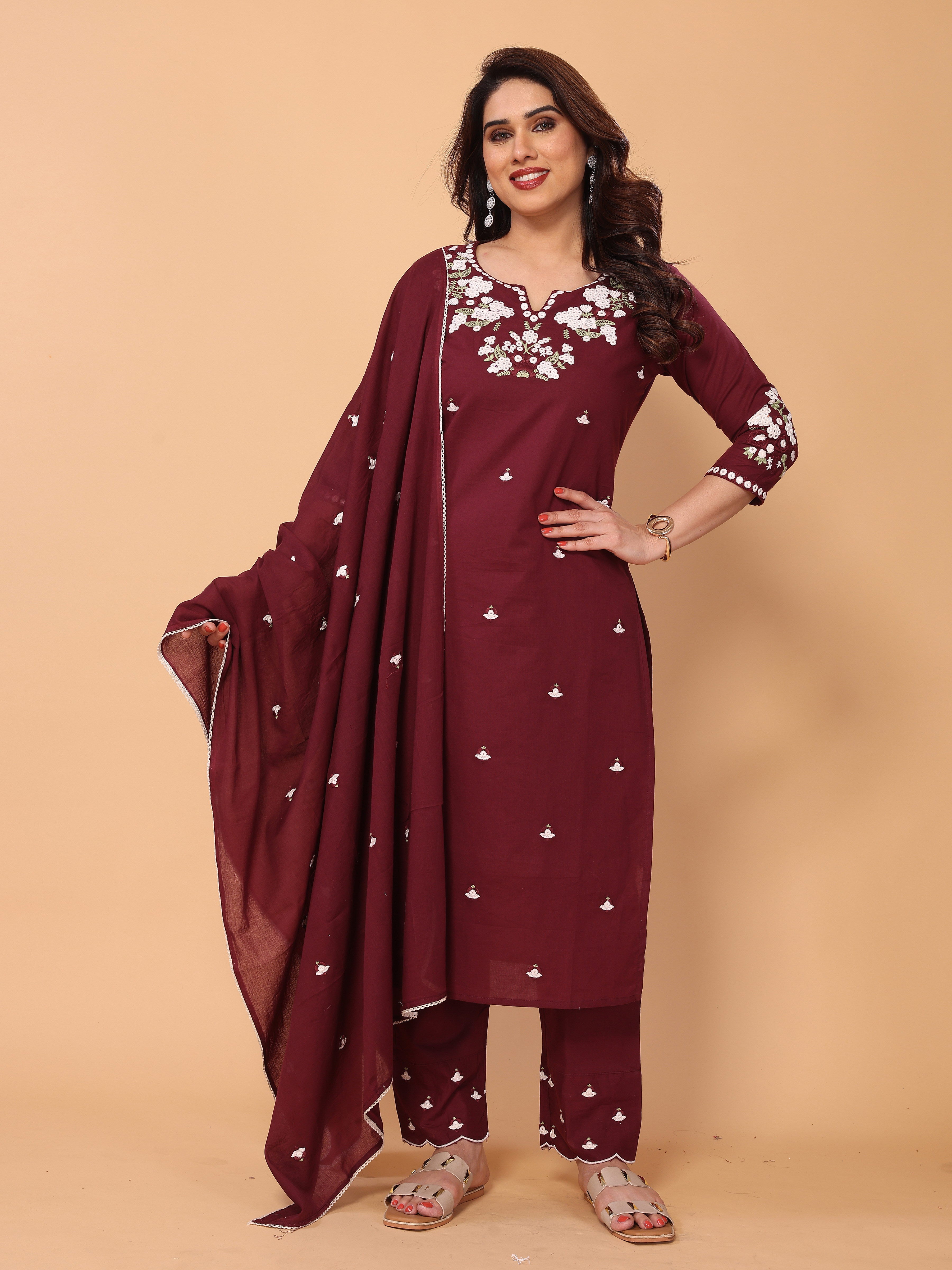 Elegant Wine Berry Floral Embroidered Kurta Pant Set