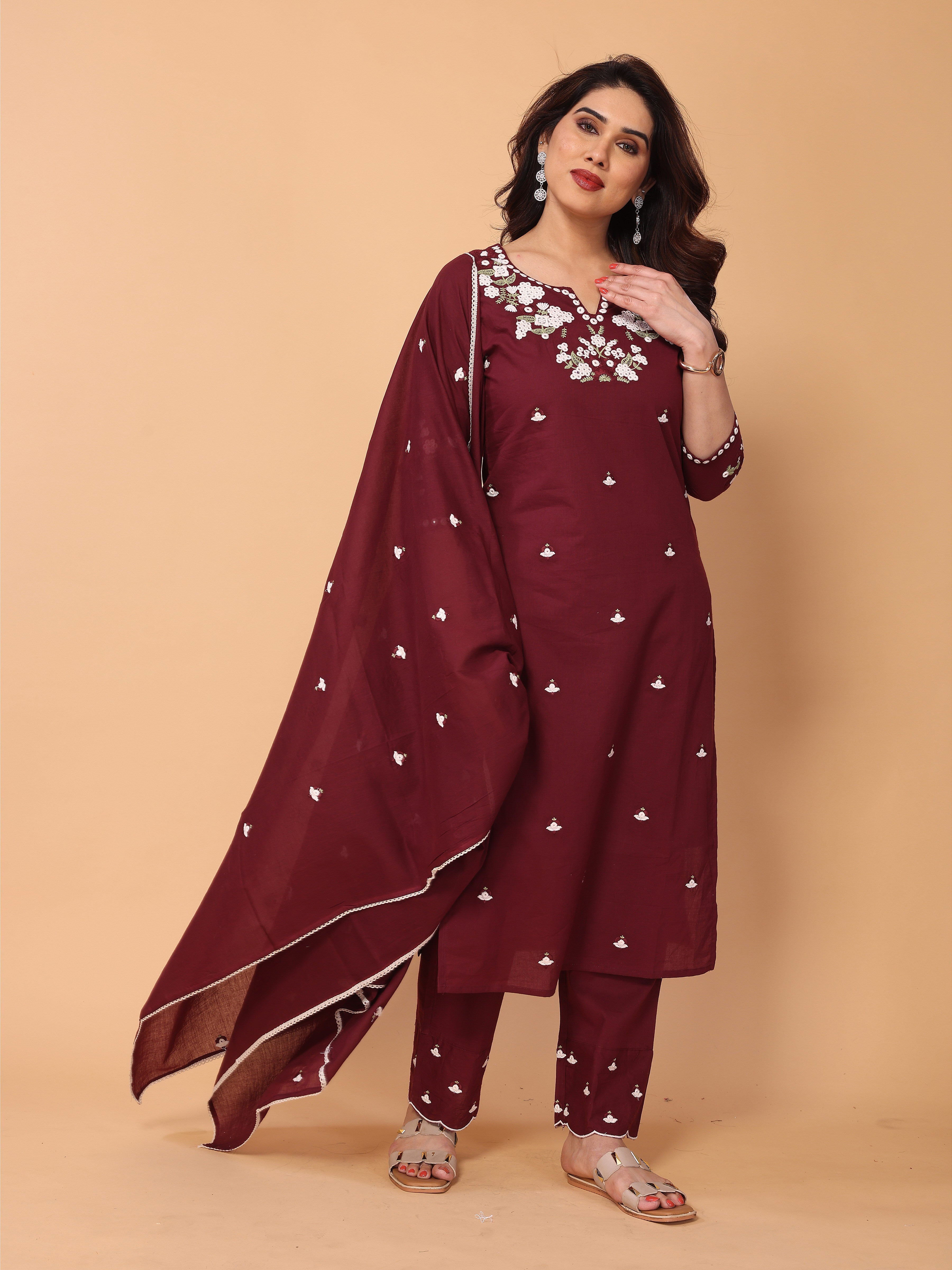 Elegant Wine Berry Floral Embroidered Kurta Pant Set