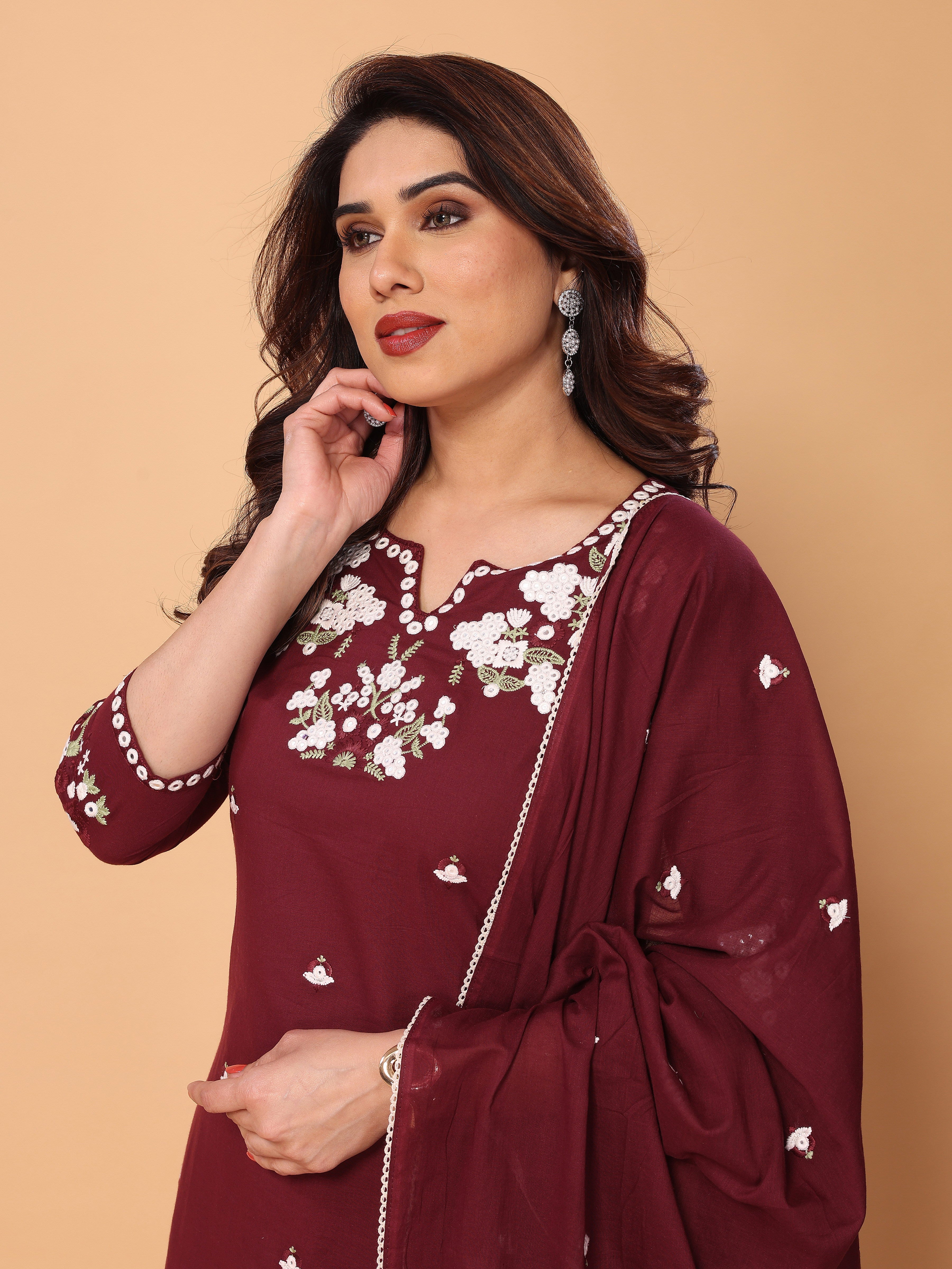 Elegant Wine Berry Floral Embroidered Kurta Pant Set