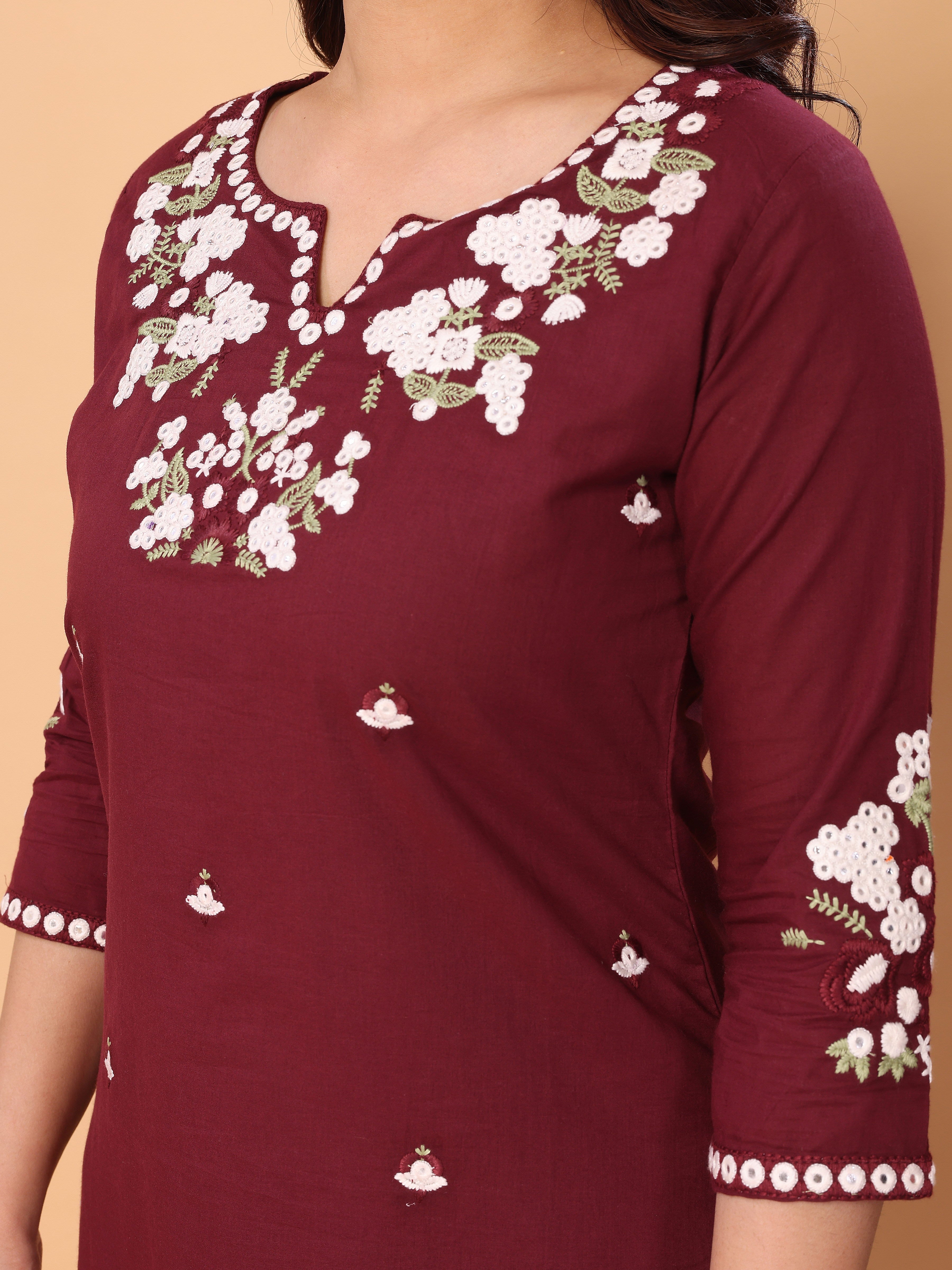 Elegant Wine Berry Floral Embroidered Kurta Pant Set