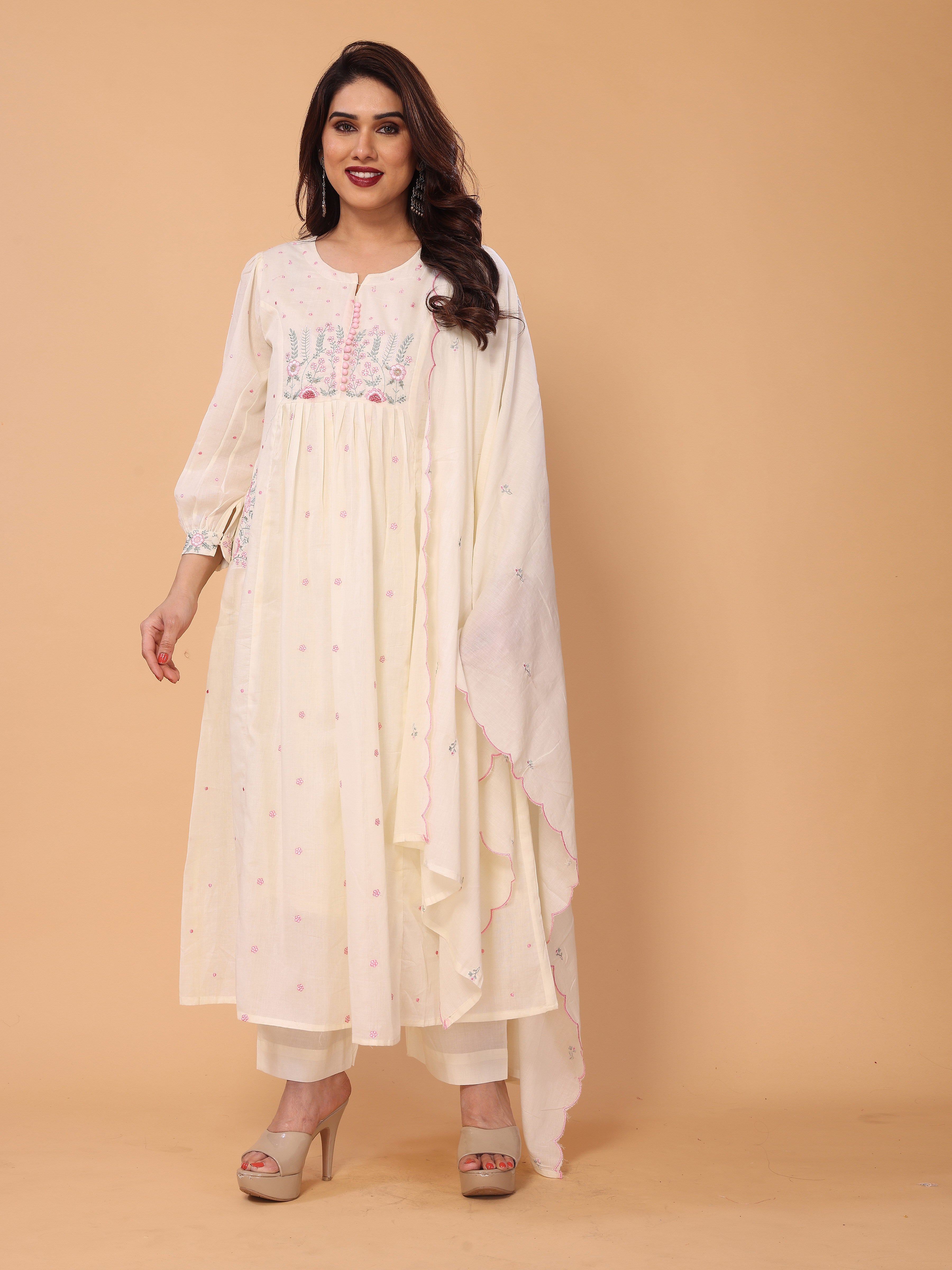 Cream Mul Cotton Embroidered Flared Kurta with Pant and Dupatta
