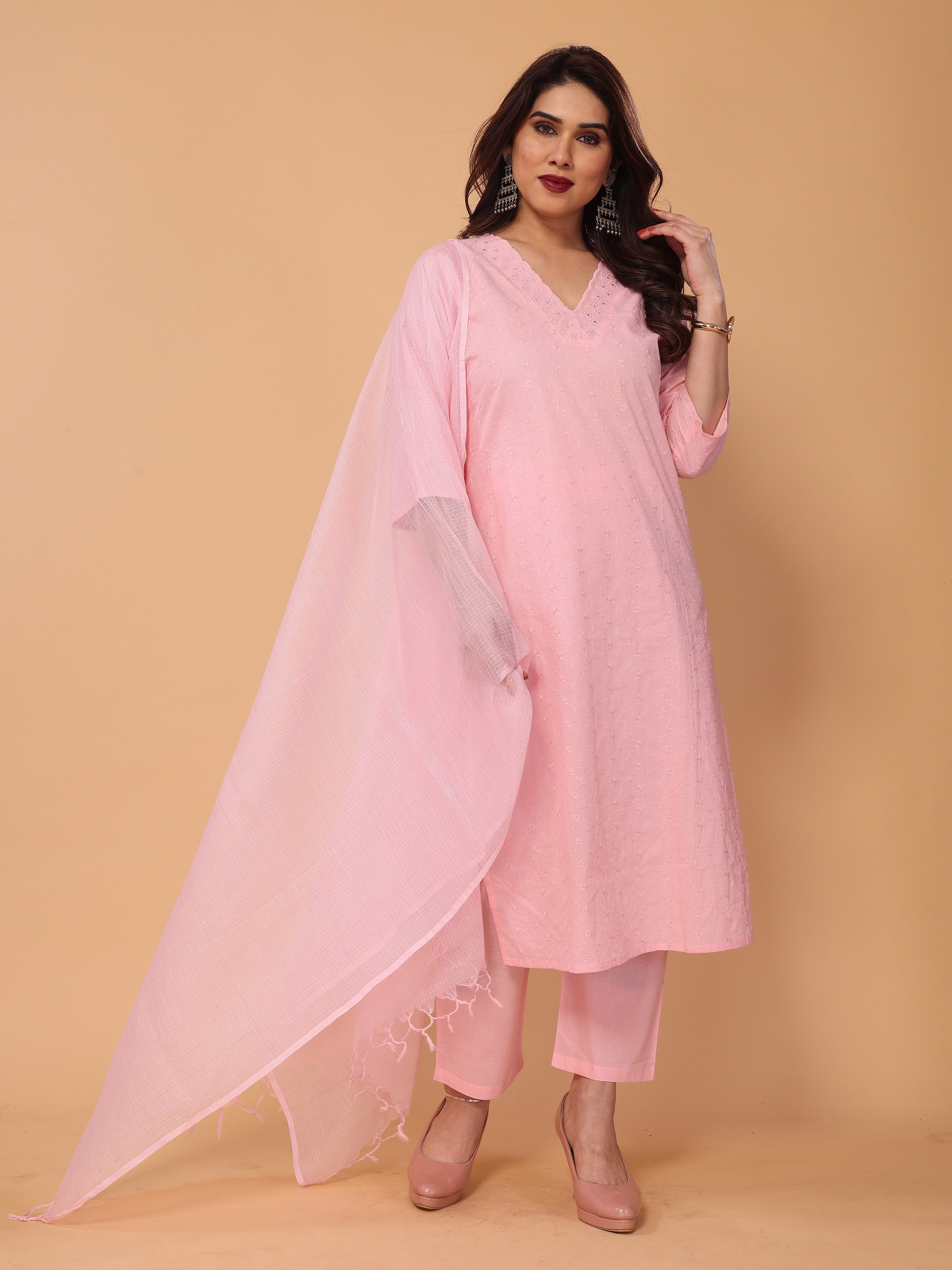 Charming Pink Floral Embroidered Kurta Set with Pant and Dupatta