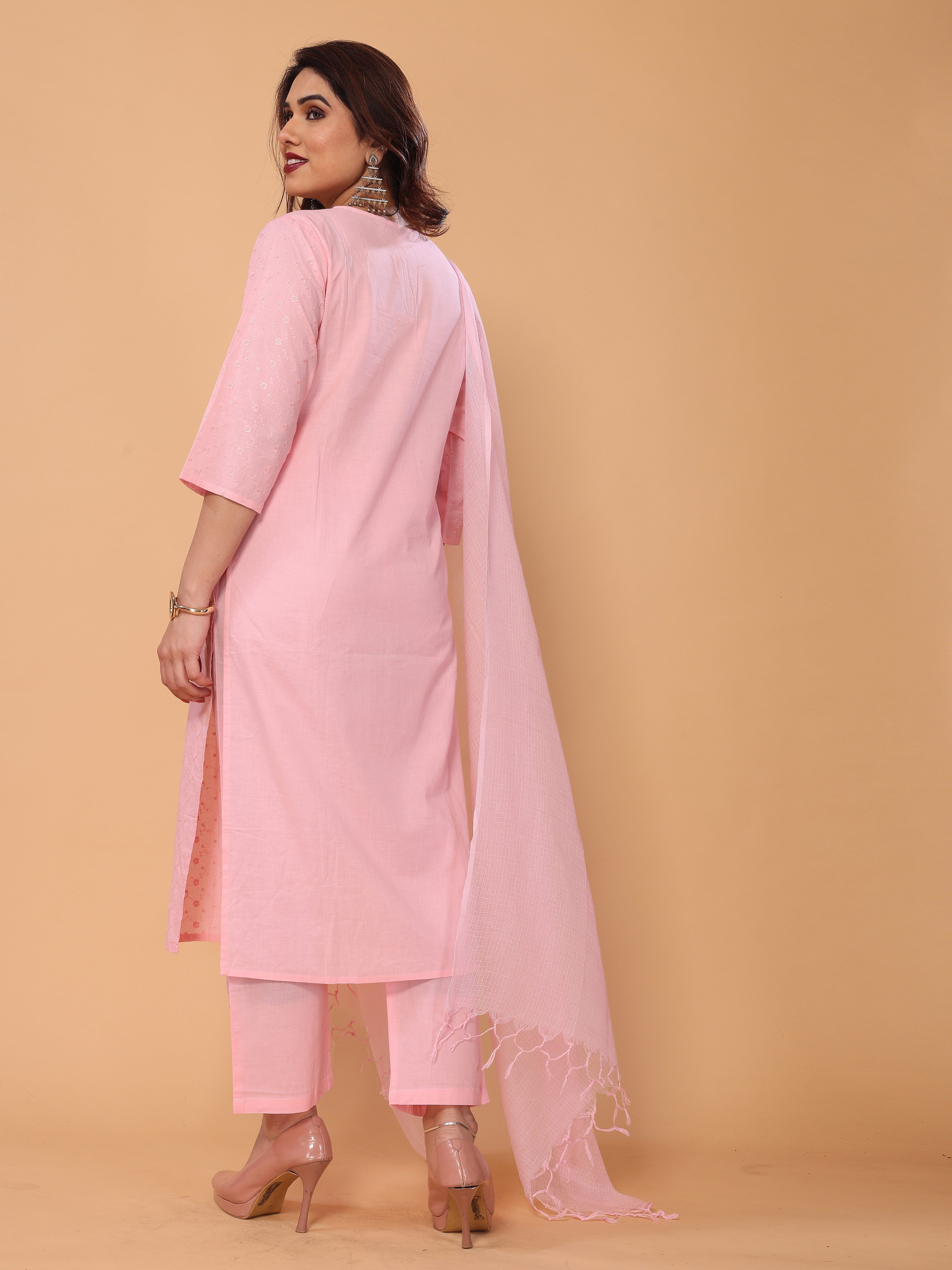 Charming Pink Floral Embroidered Kurta Set with Pant and Dupatta