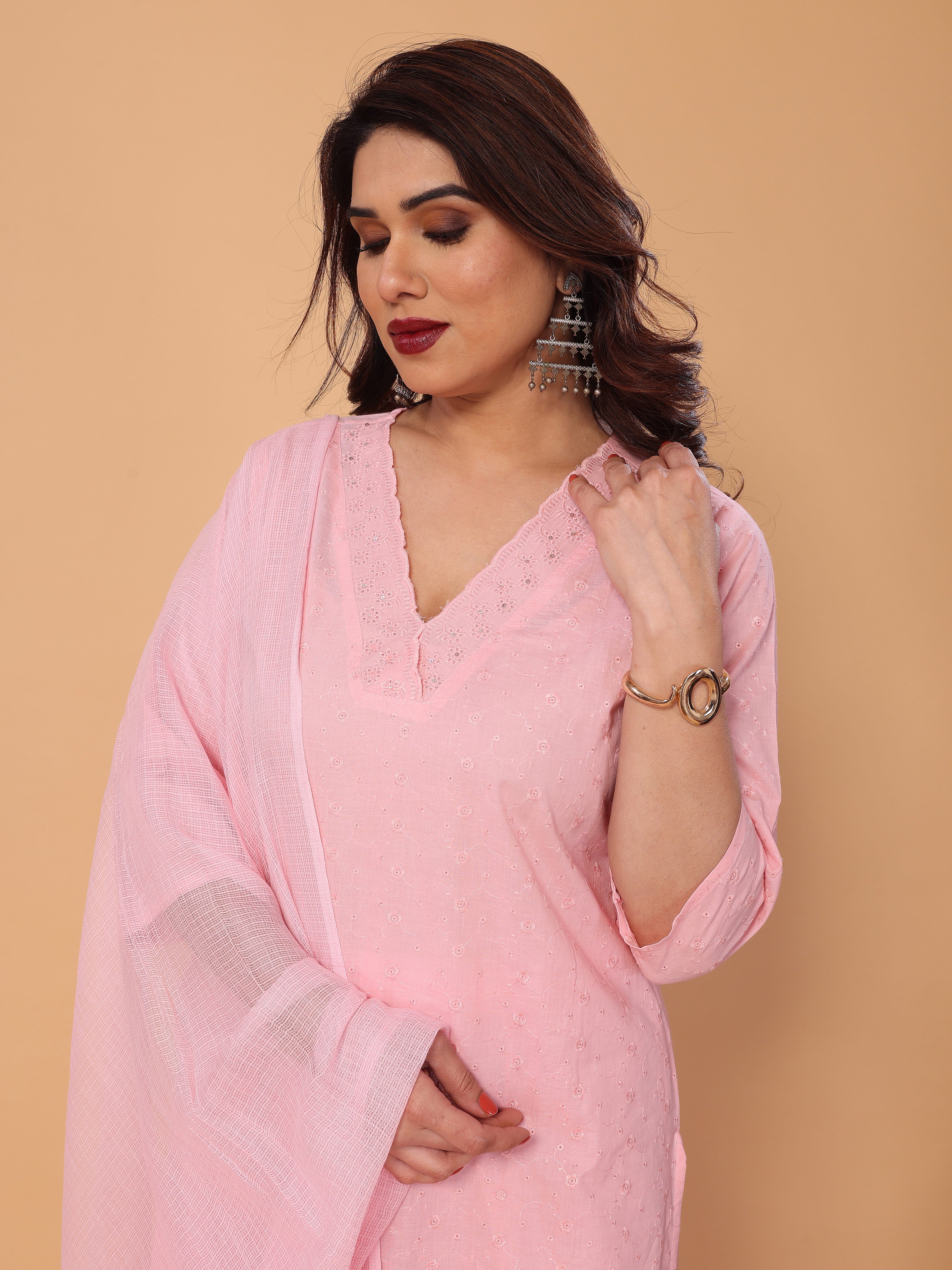 Charming Pink Floral Embroidered Kurta Set with Pant and Dupatta