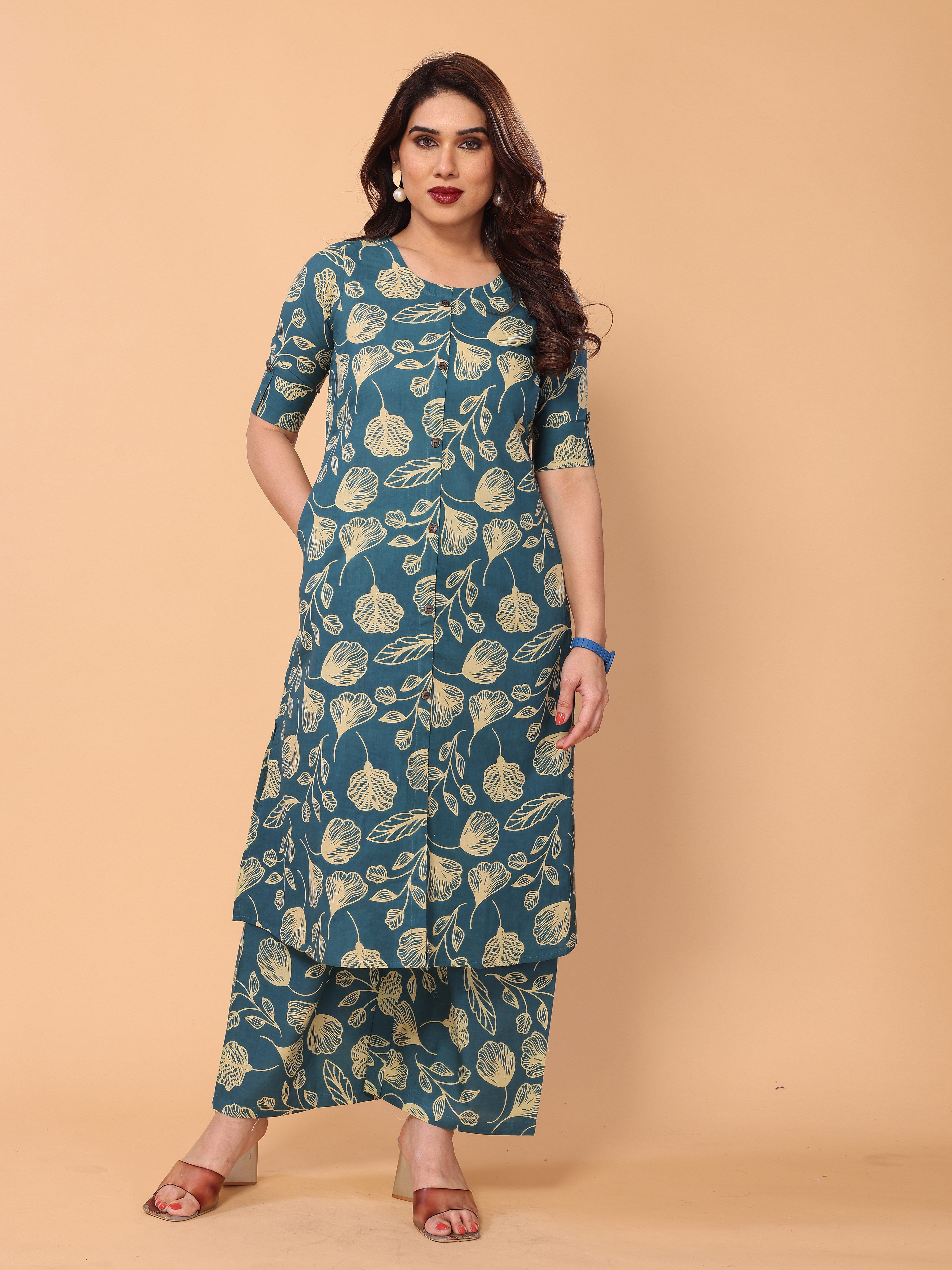 Cyan Blue Ethnic Floral Printed Cotton Kurta Palazzo Set