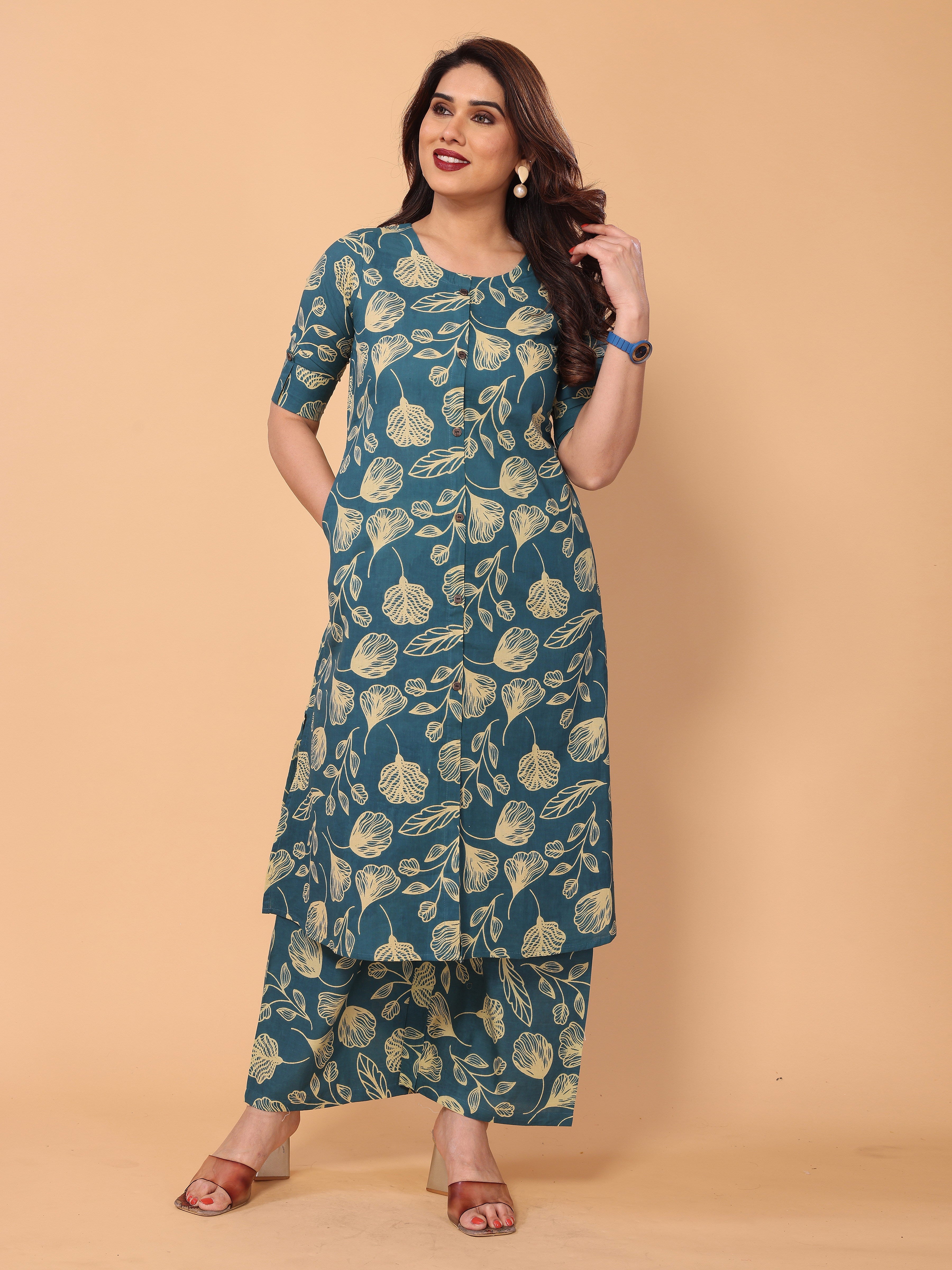 Cyan Blue Ethnic Floral Printed Cotton Kurta Palazzo Set