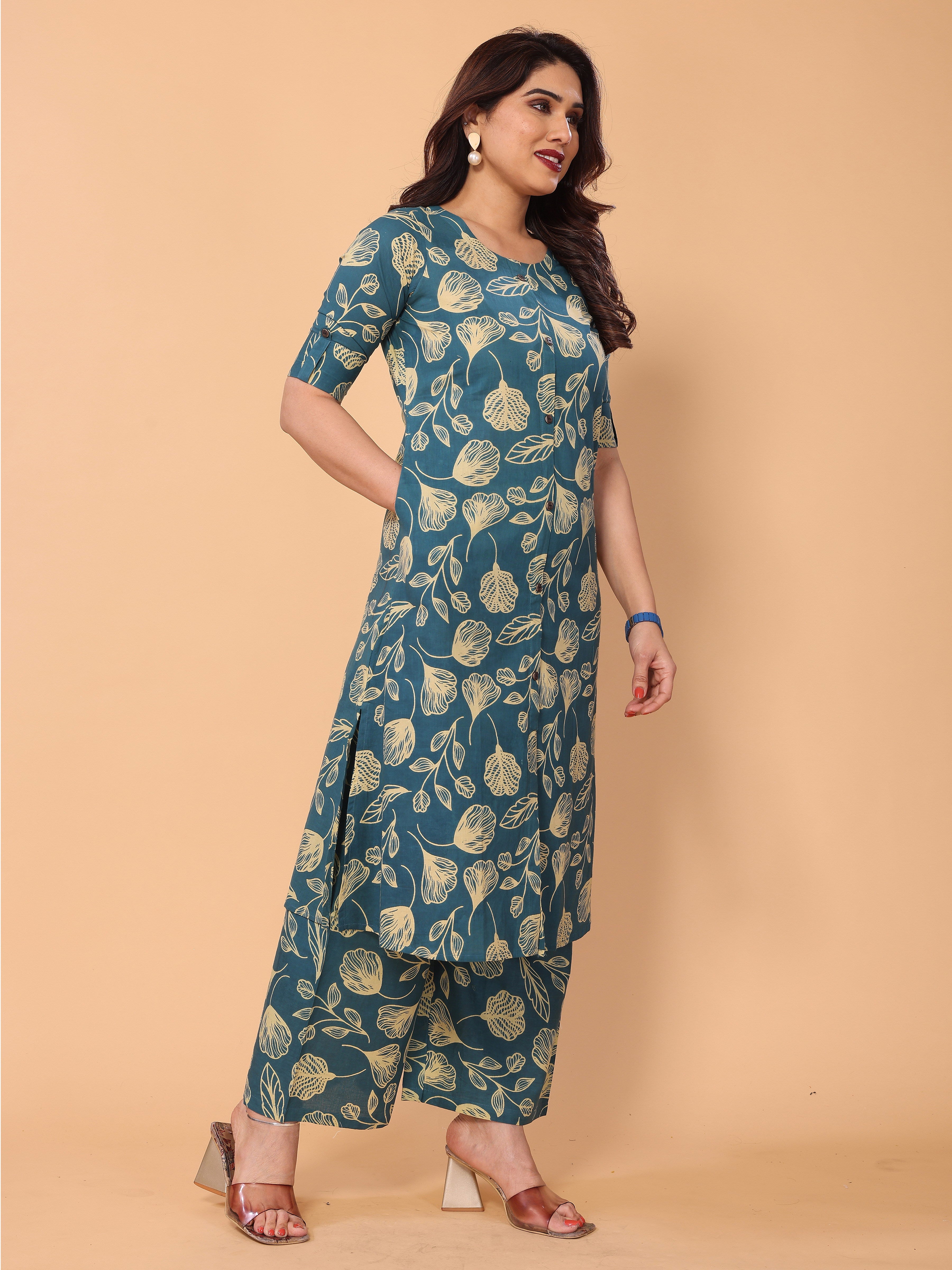 Cyan Blue Ethnic Floral Printed Cotton Kurta Palazzo Set