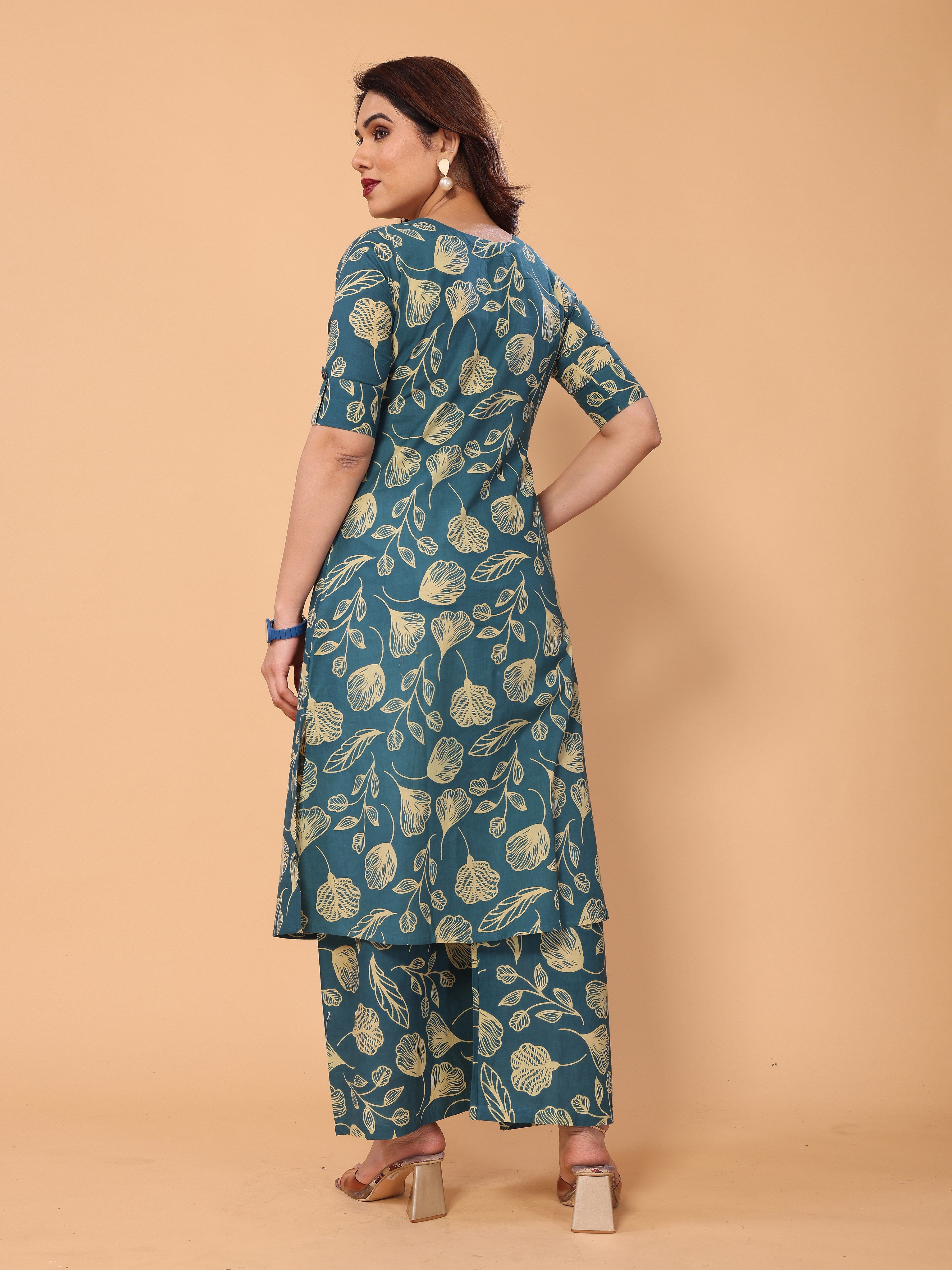 Cyan Blue Ethnic Floral Printed Cotton Kurta Palazzo Set