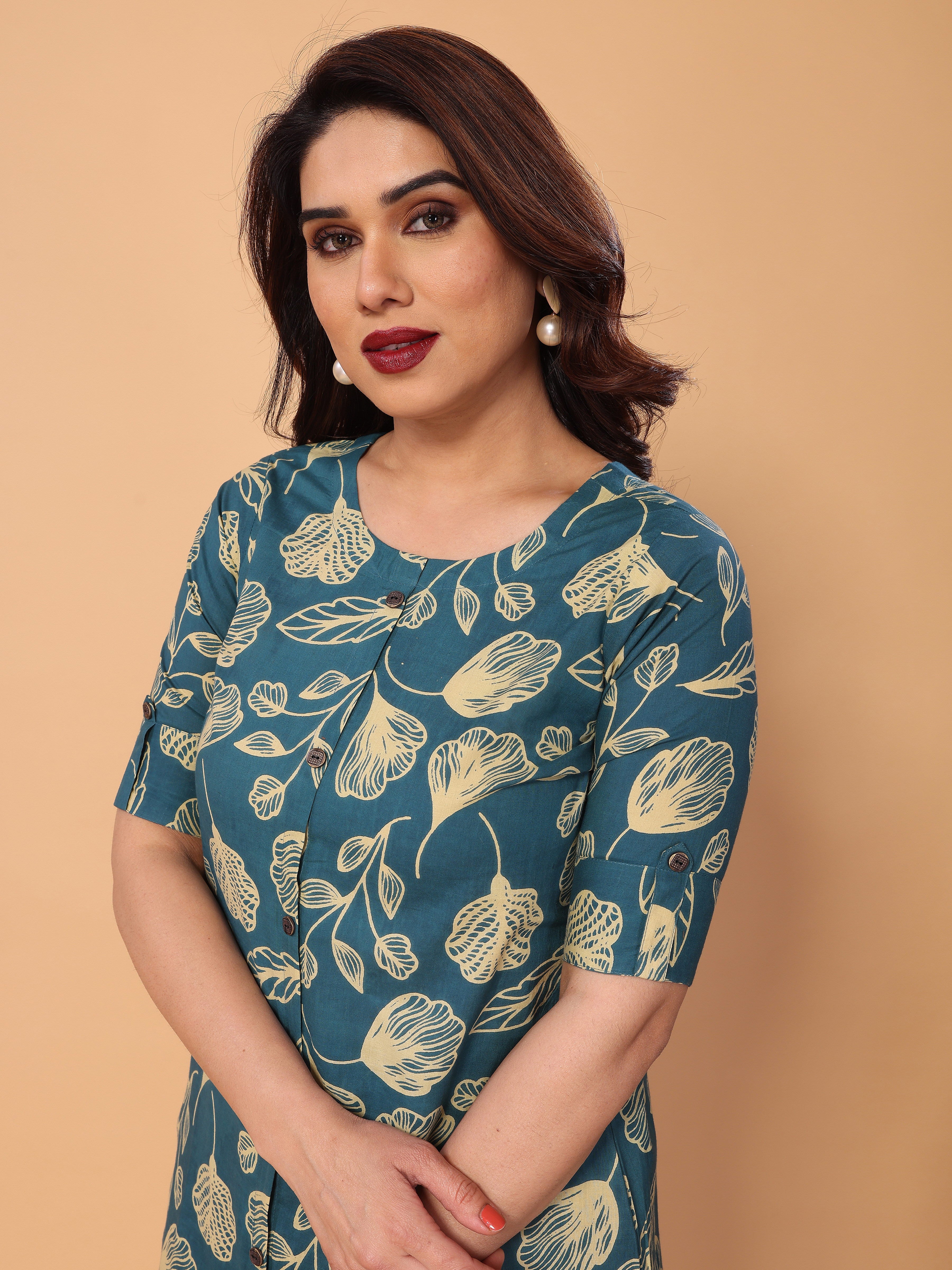Cyan Blue Ethnic Floral Printed Cotton Kurta Palazzo Set