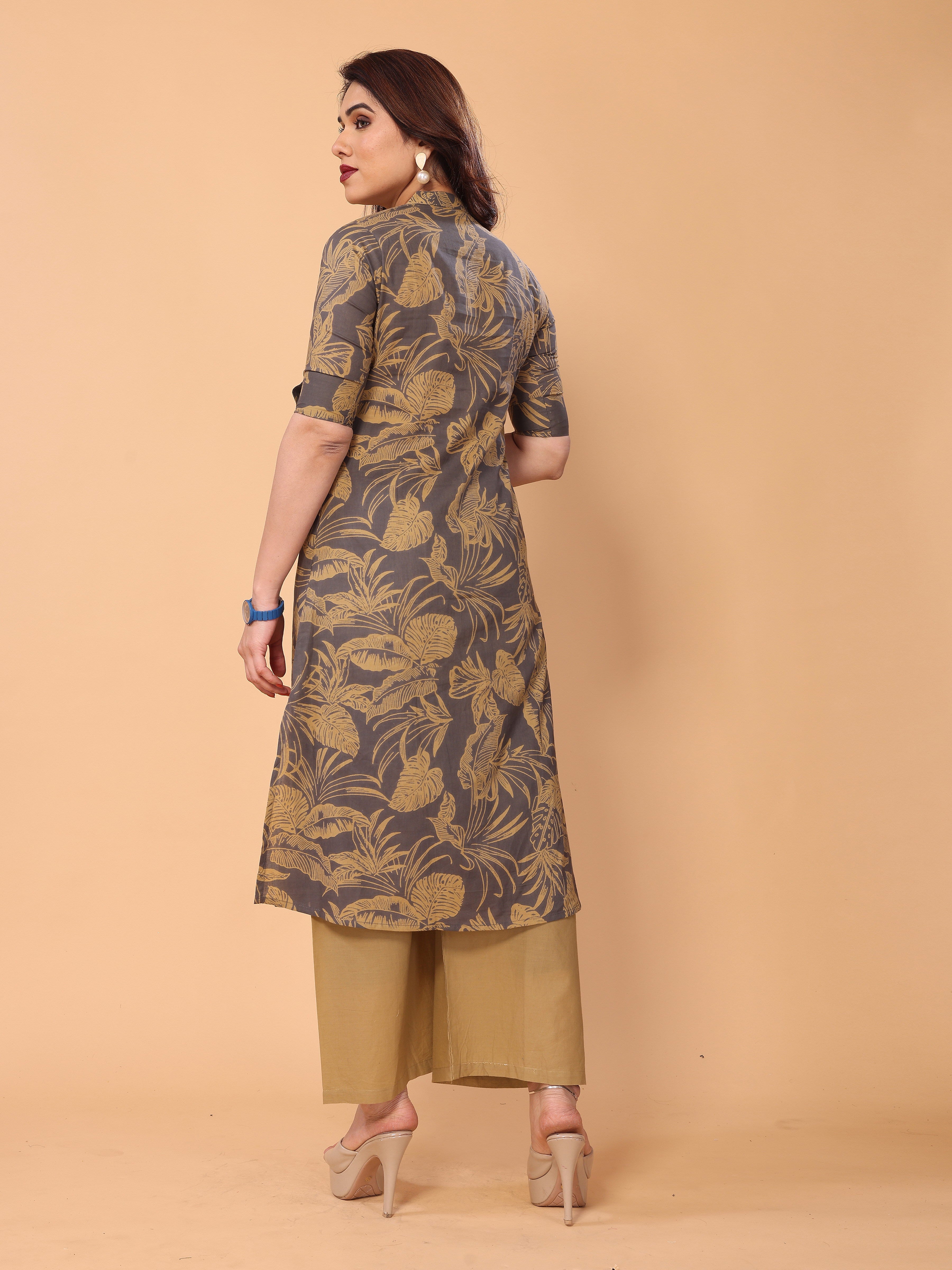 Grey Cotton Floral Printed Kurta Palazzo Set