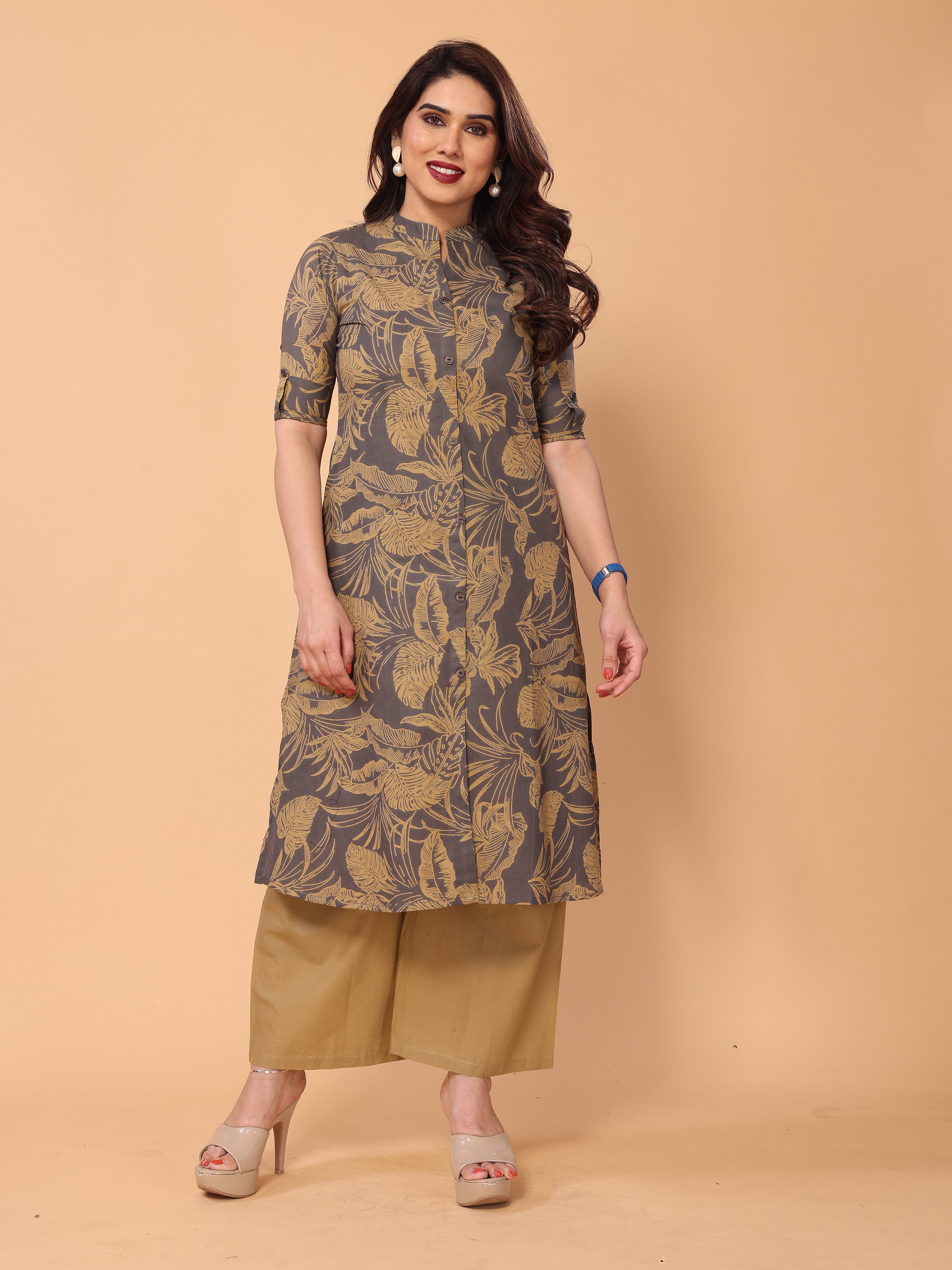 Grey Cotton Floral Printed Kurta Palazzo Set