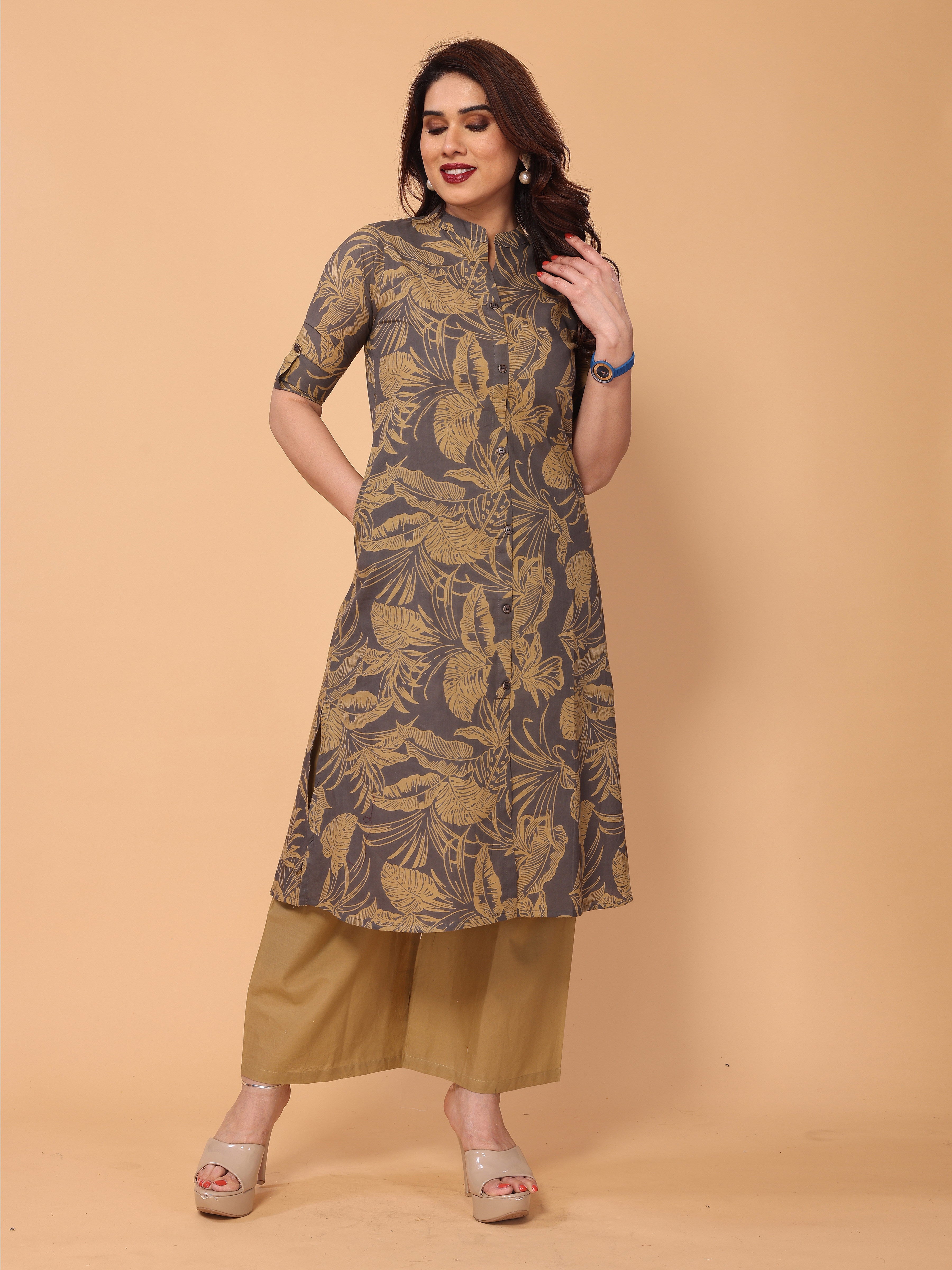 Grey Cotton Floral Printed Kurta Palazzo Set