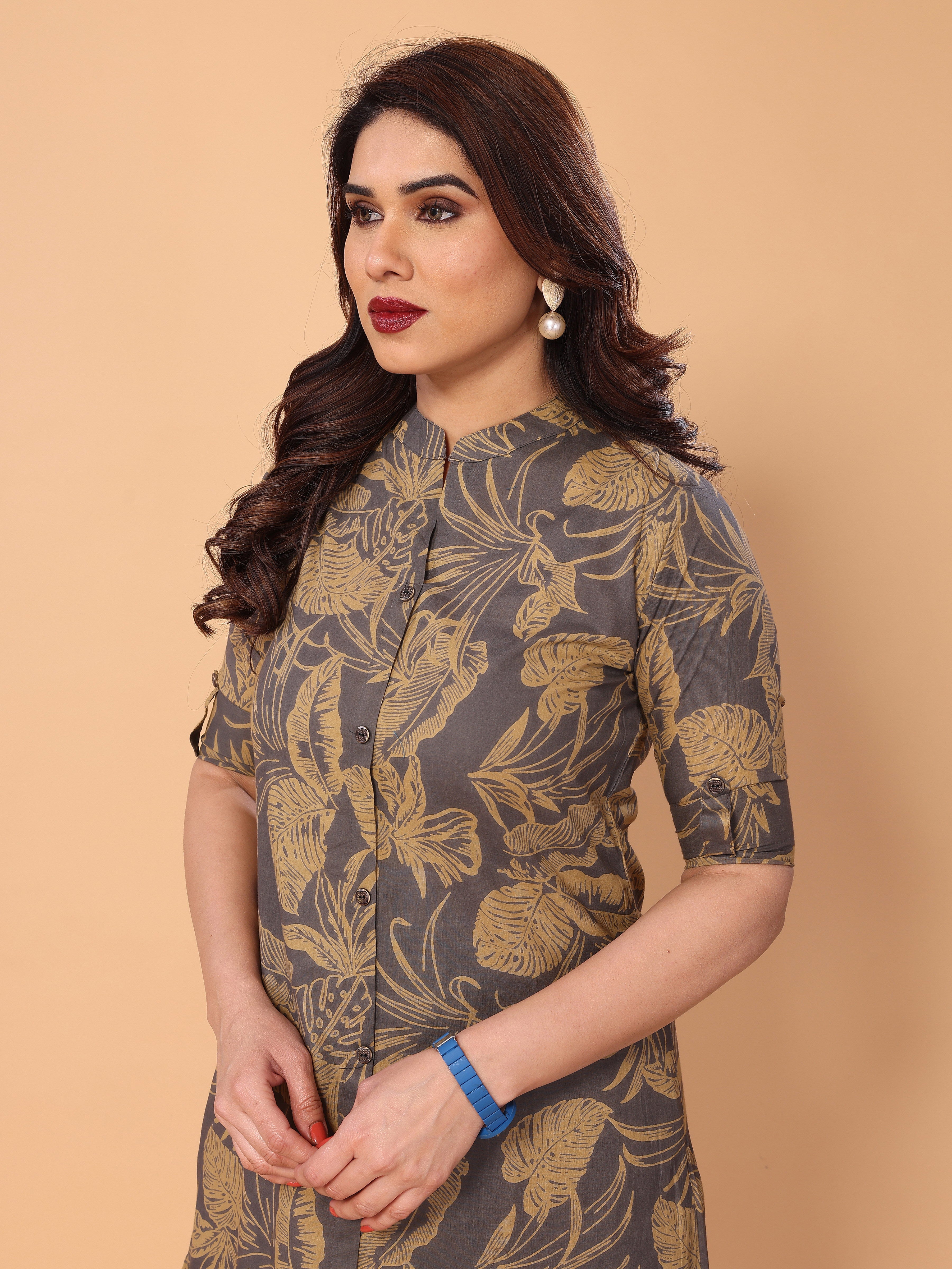 Grey Cotton Floral Printed Kurta Palazzo Set