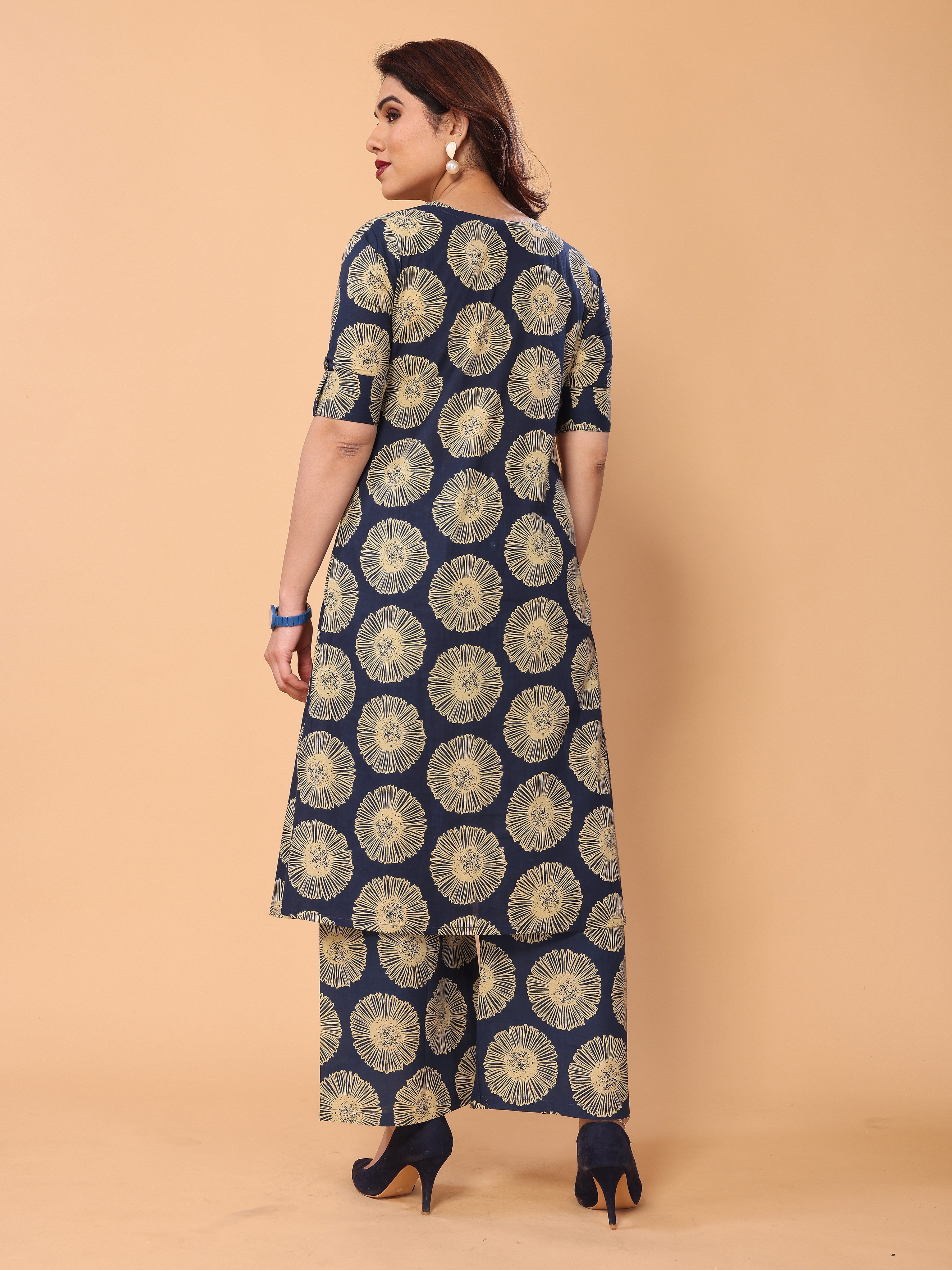 Navy Blue Floral Printed Kurta Palazzo Set in Cotton