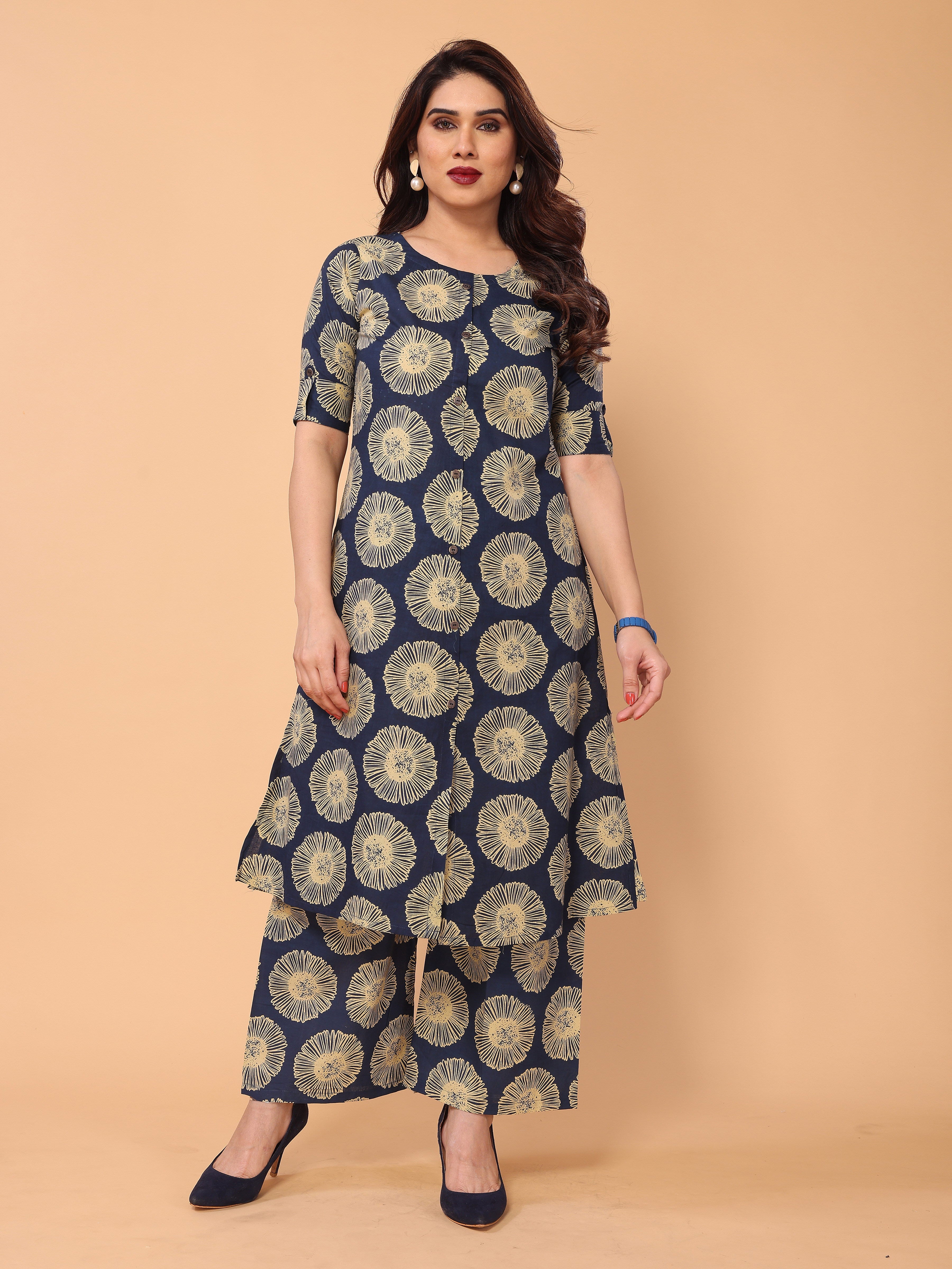 Navy Blue Floral Printed Kurta Palazzo Set in Cotton