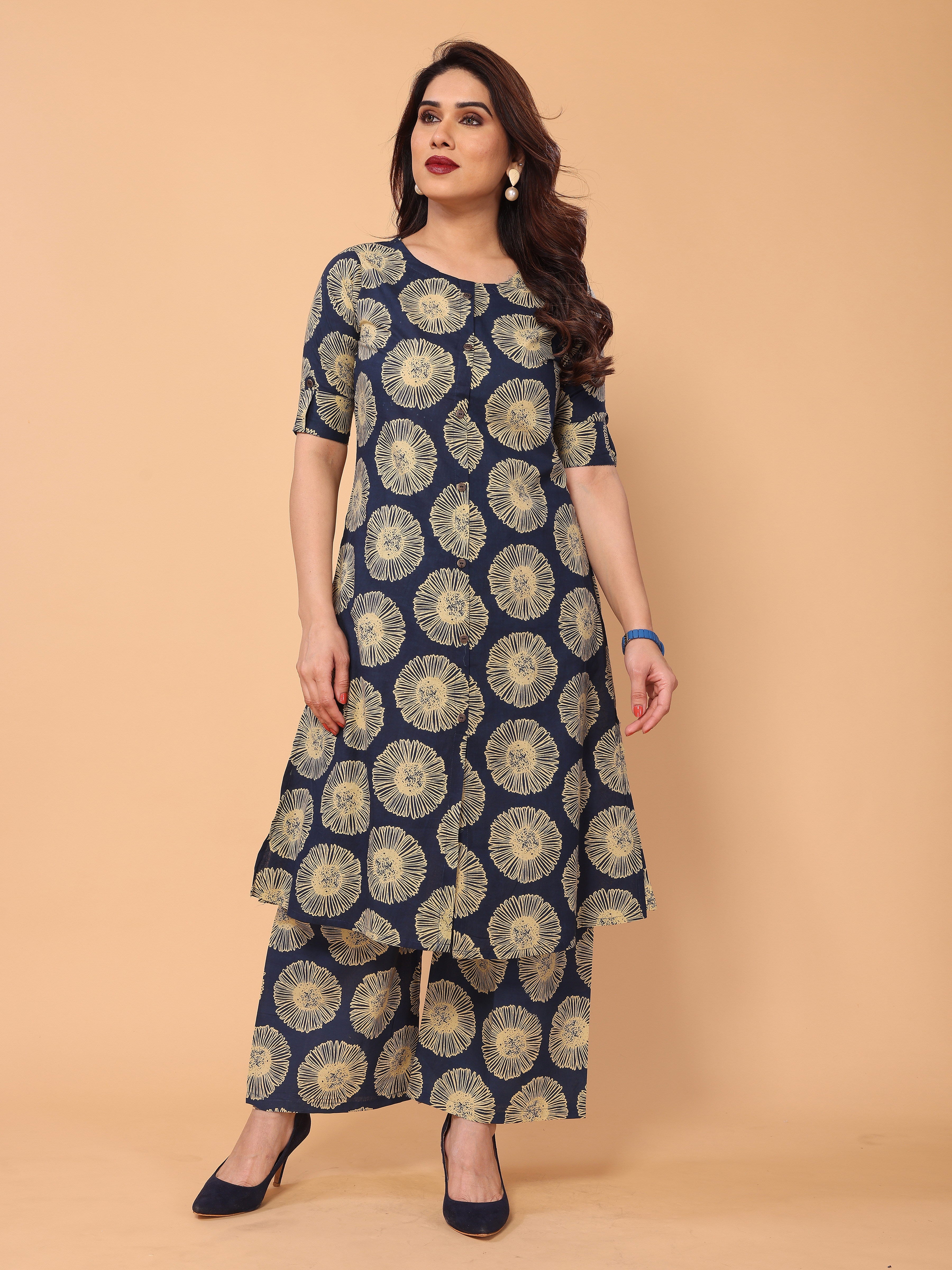 Navy Blue Floral Printed Kurta Palazzo Set in Cotton