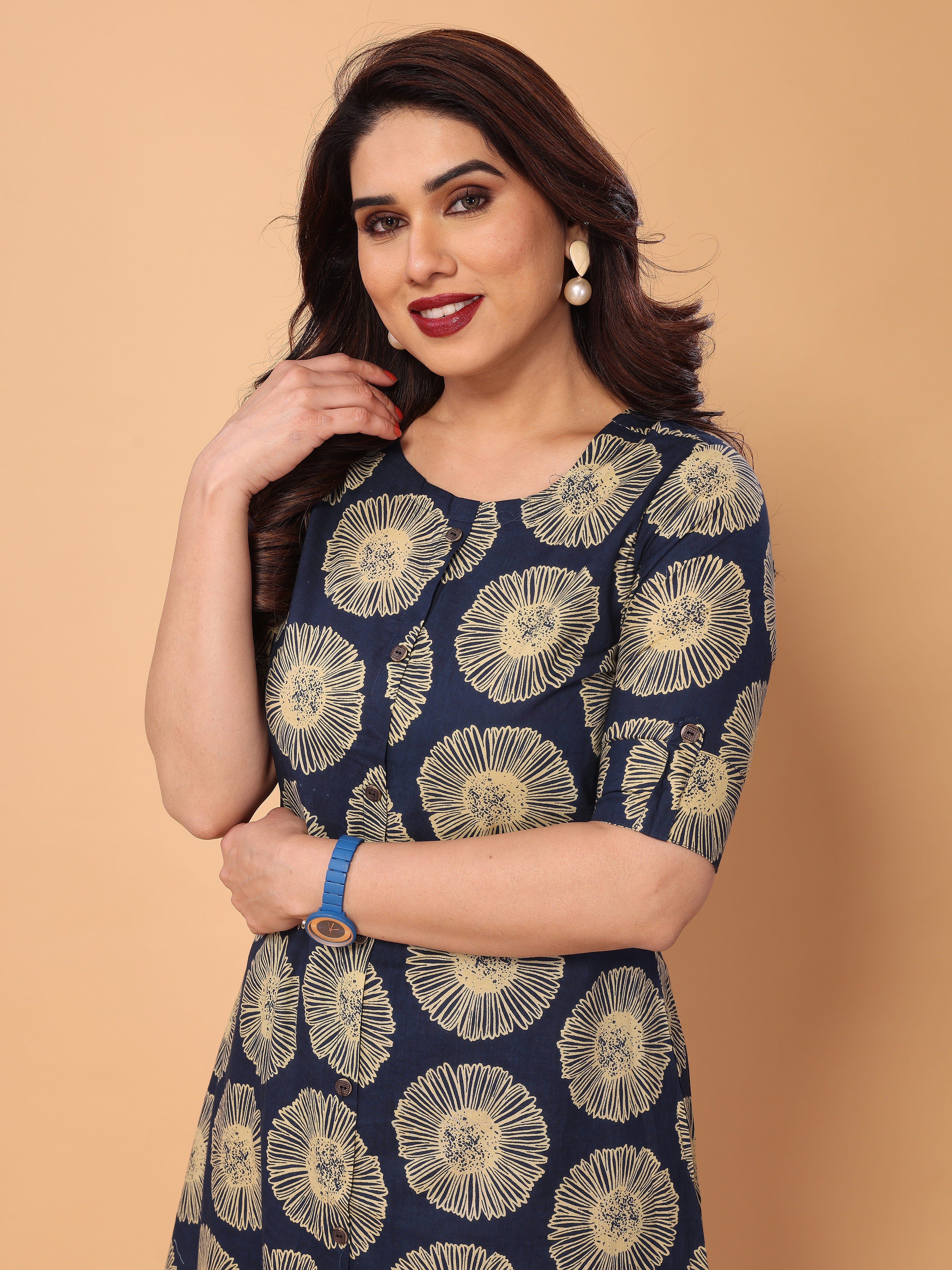 Navy Blue Floral Printed Kurta Palazzo Set in Cotton