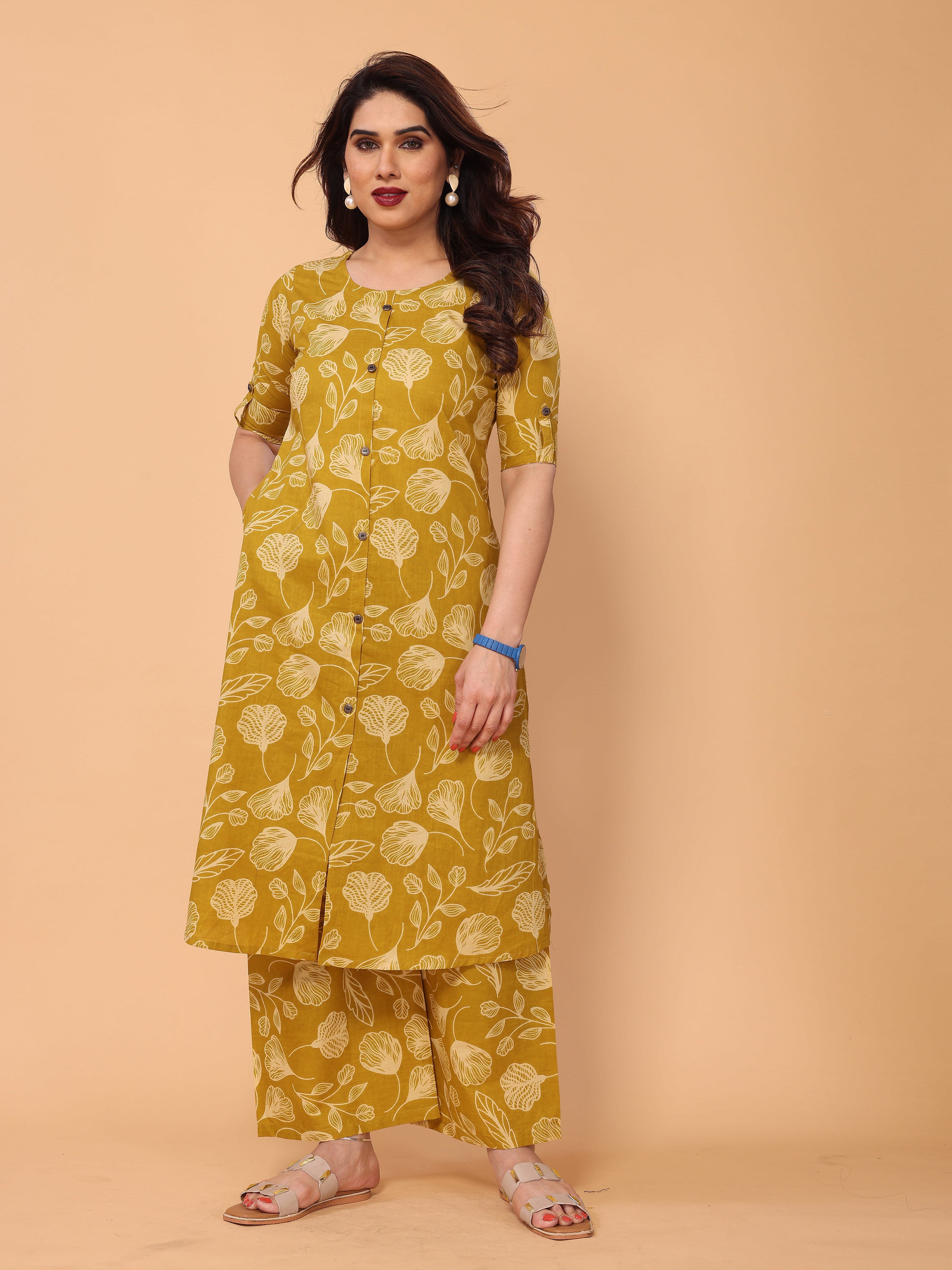 Mustard Yellow Ethnic Floral Printed Cotton Kurta Palazzo Set