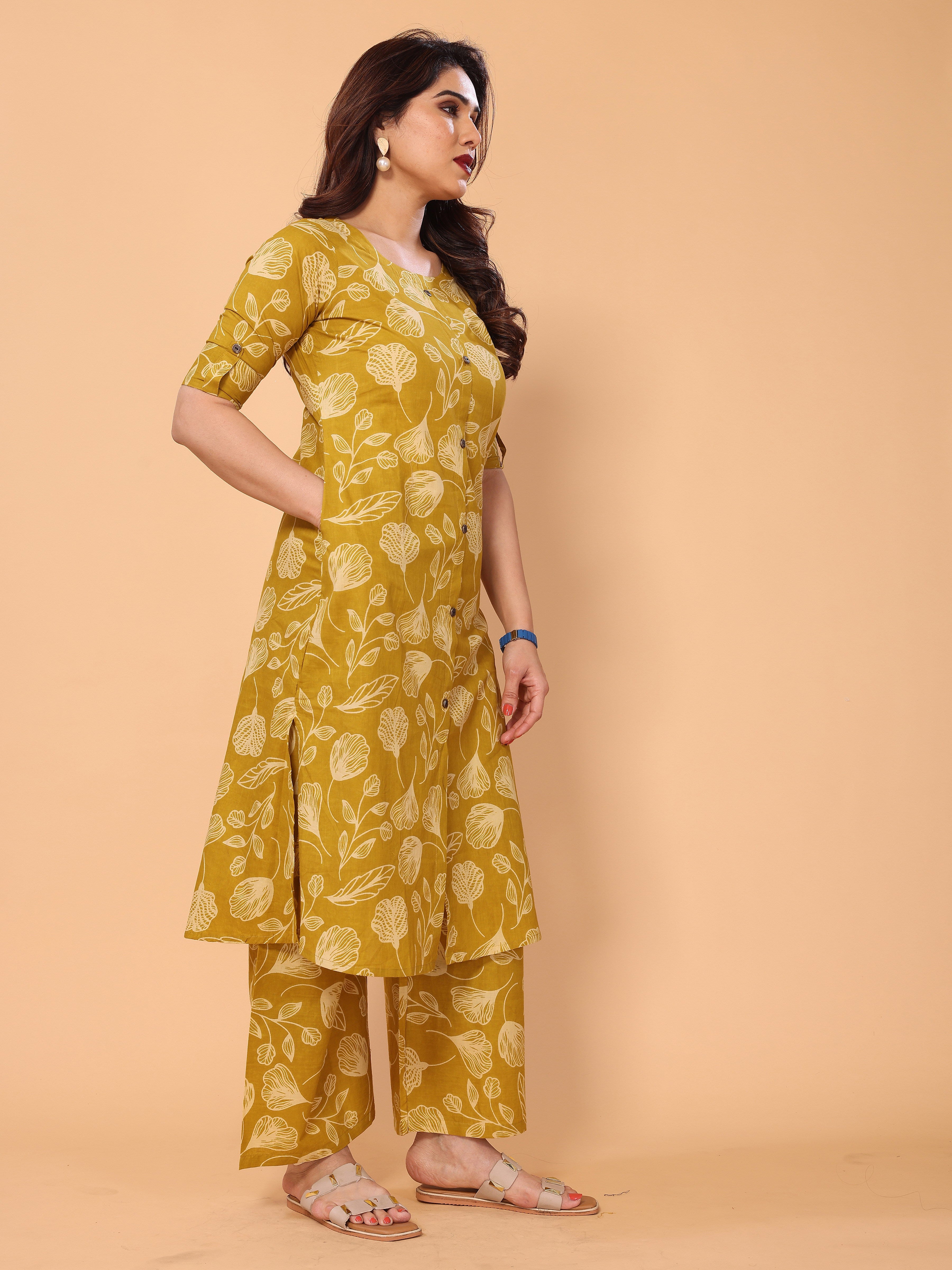 Mustard Yellow Ethnic Floral Printed Cotton Kurta Palazzo Set