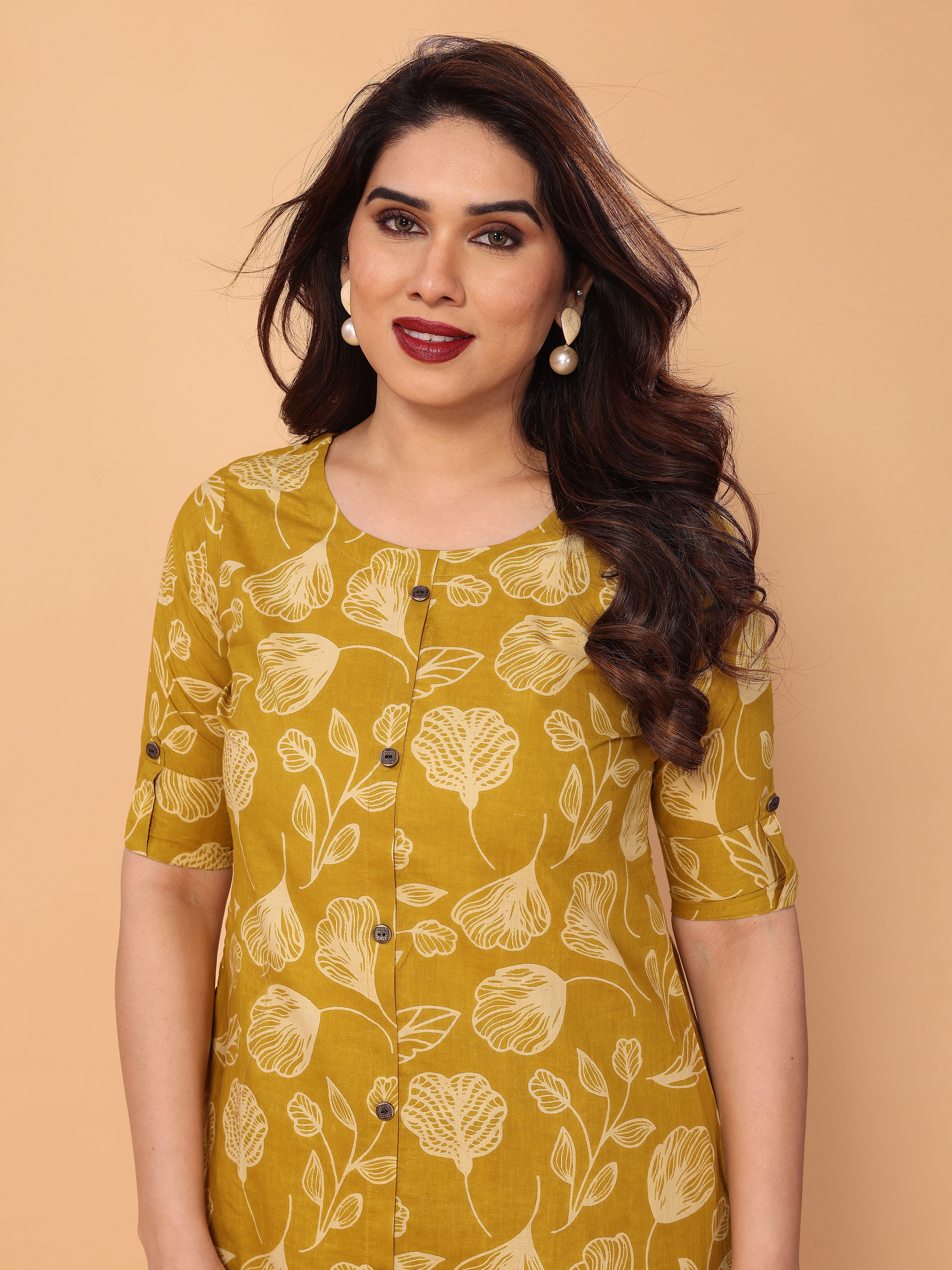 Mustard Yellow Ethnic Floral Printed Cotton Kurta Palazzo Set