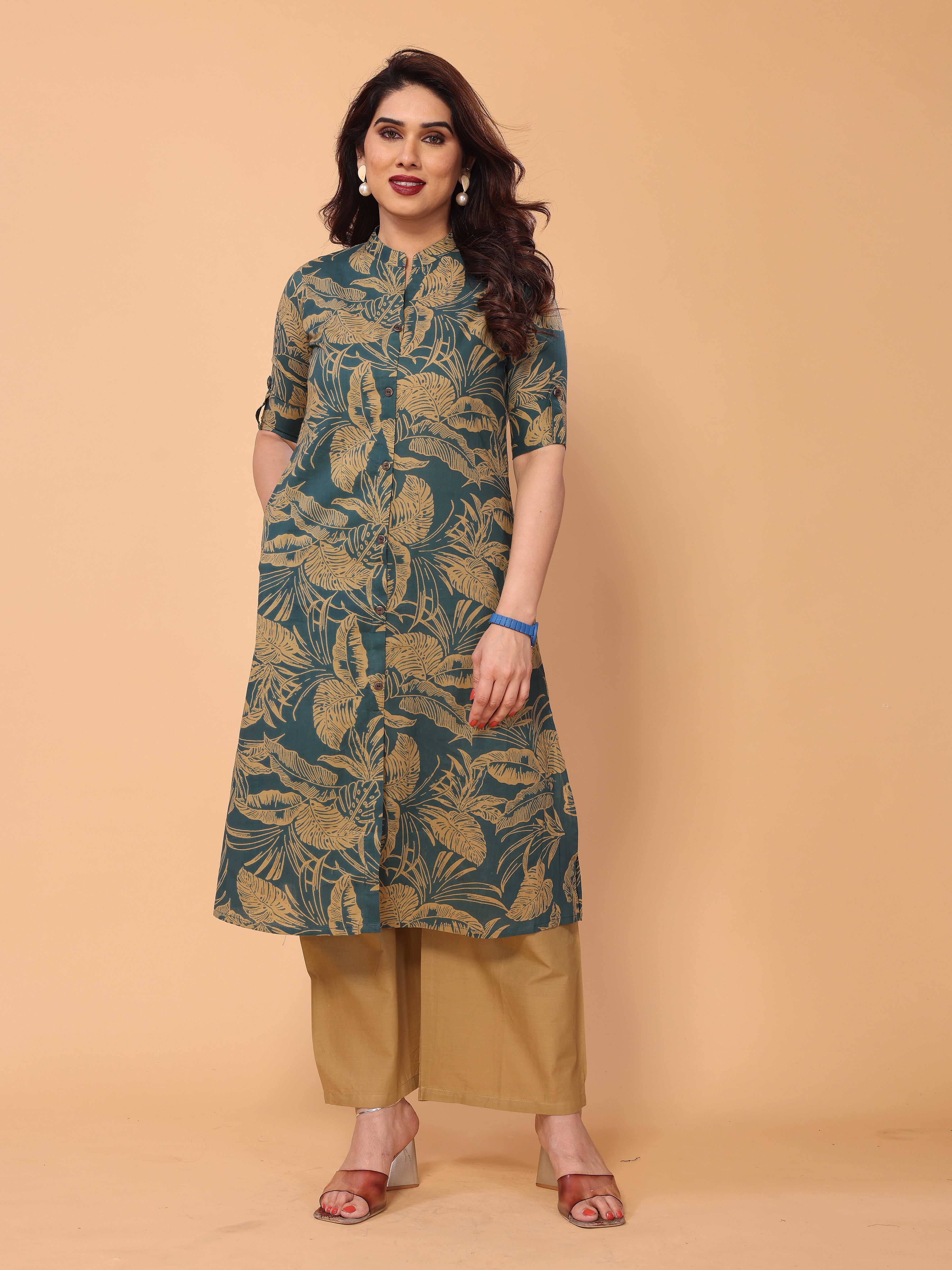 Cyan Blue Cotton Floral Printed Kurta Palazzo Set