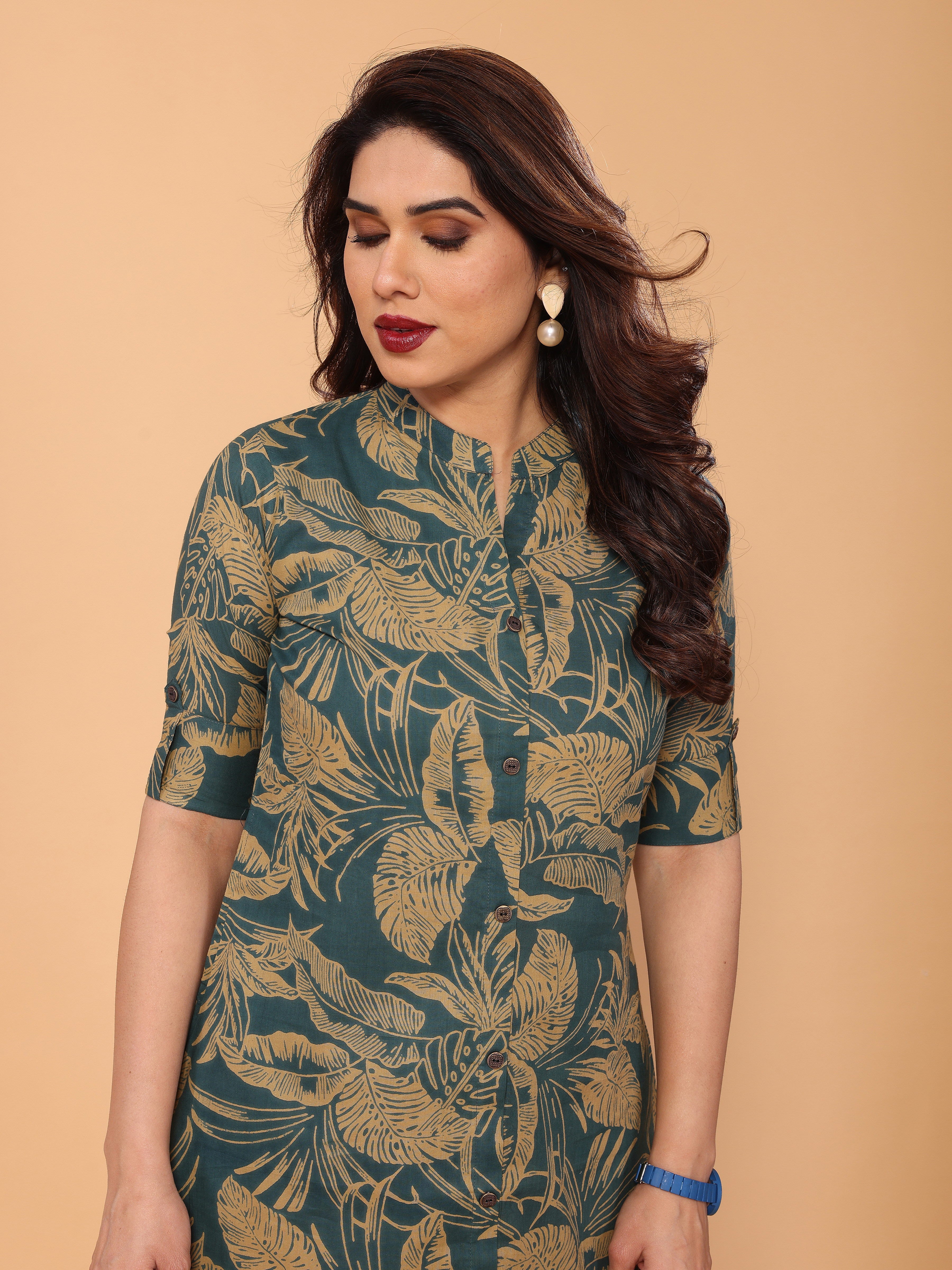 Cyan Blue Cotton Floral Printed Kurta Palazzo Set