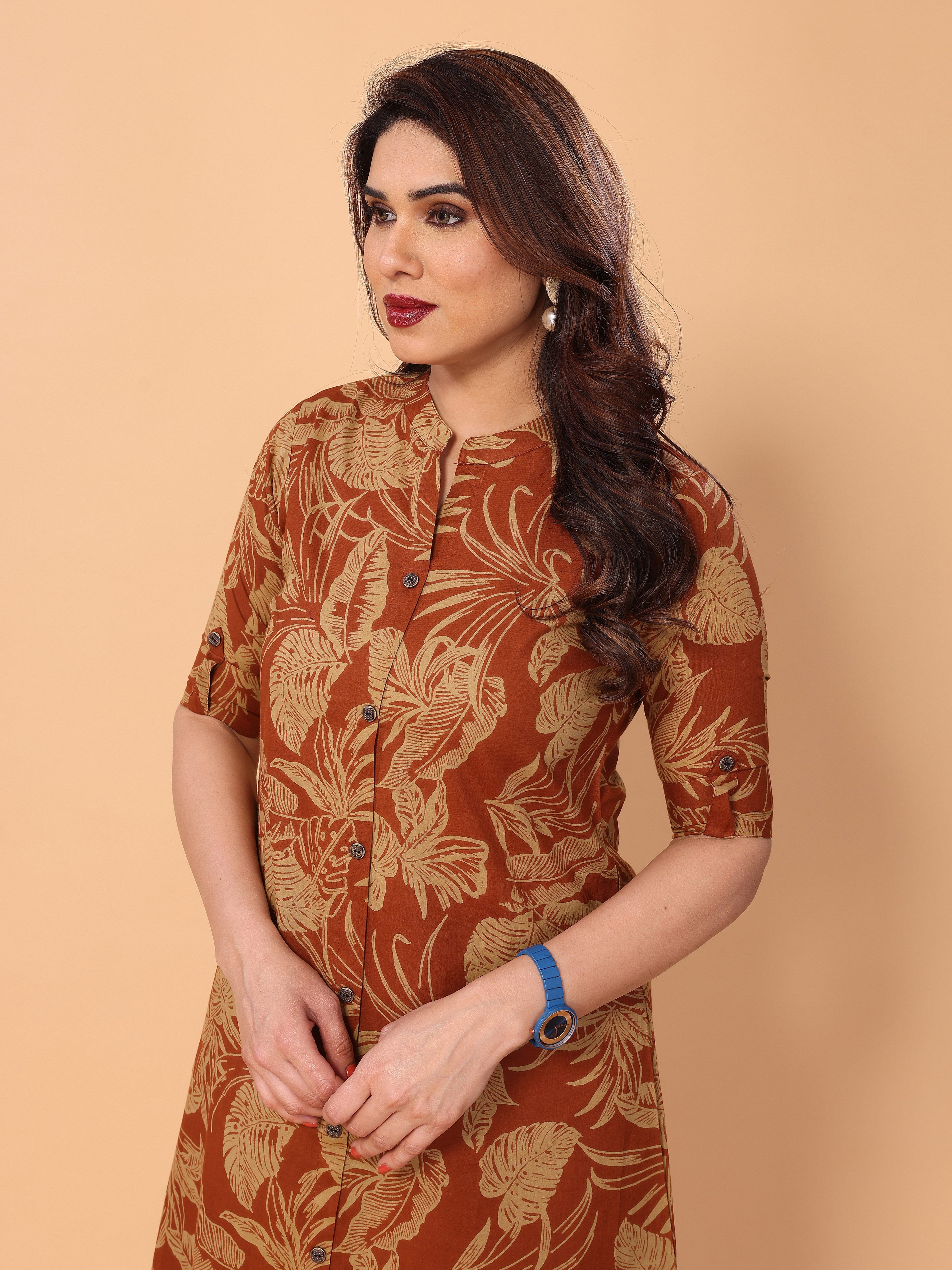 Orangey Red Cotton Floral Printed Kurta Palazzo Set