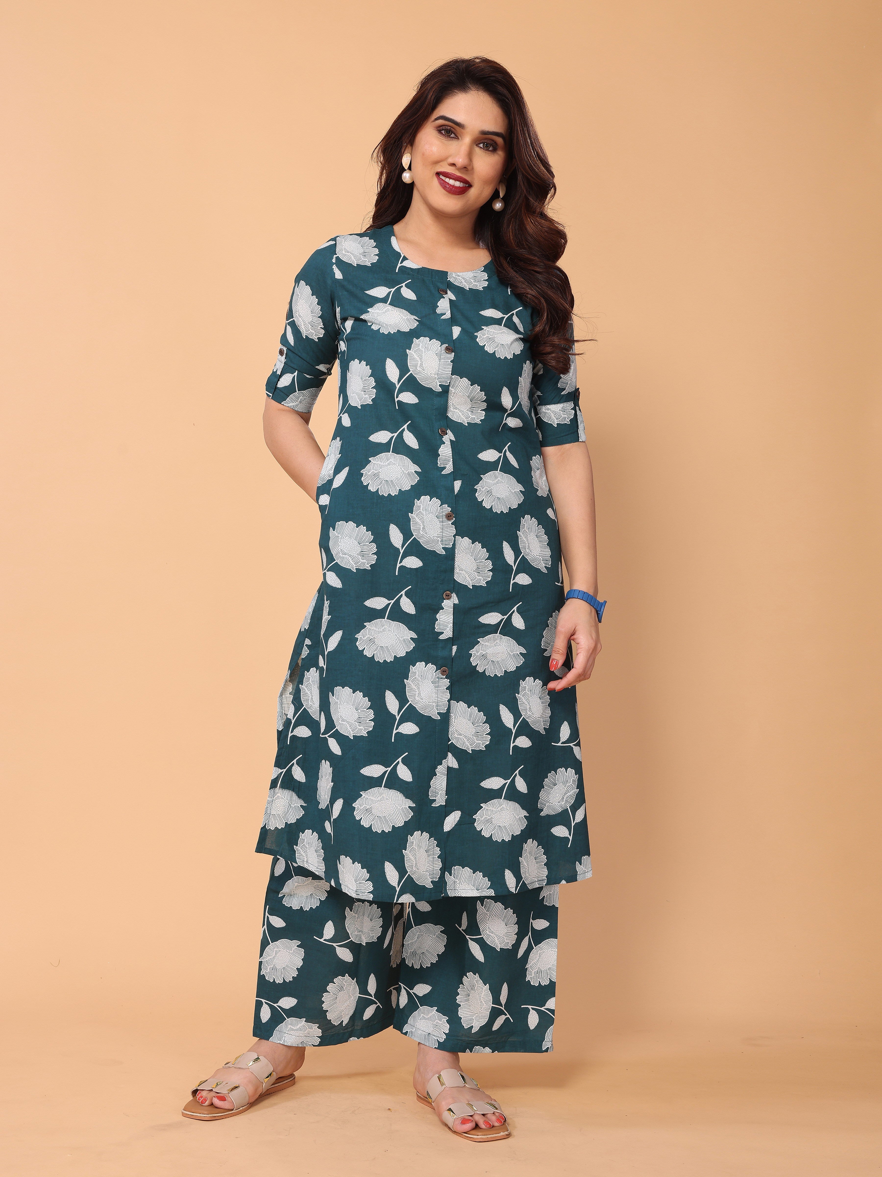 Cyan Blue Cotton Floral Printed Kurta Palazzo Set