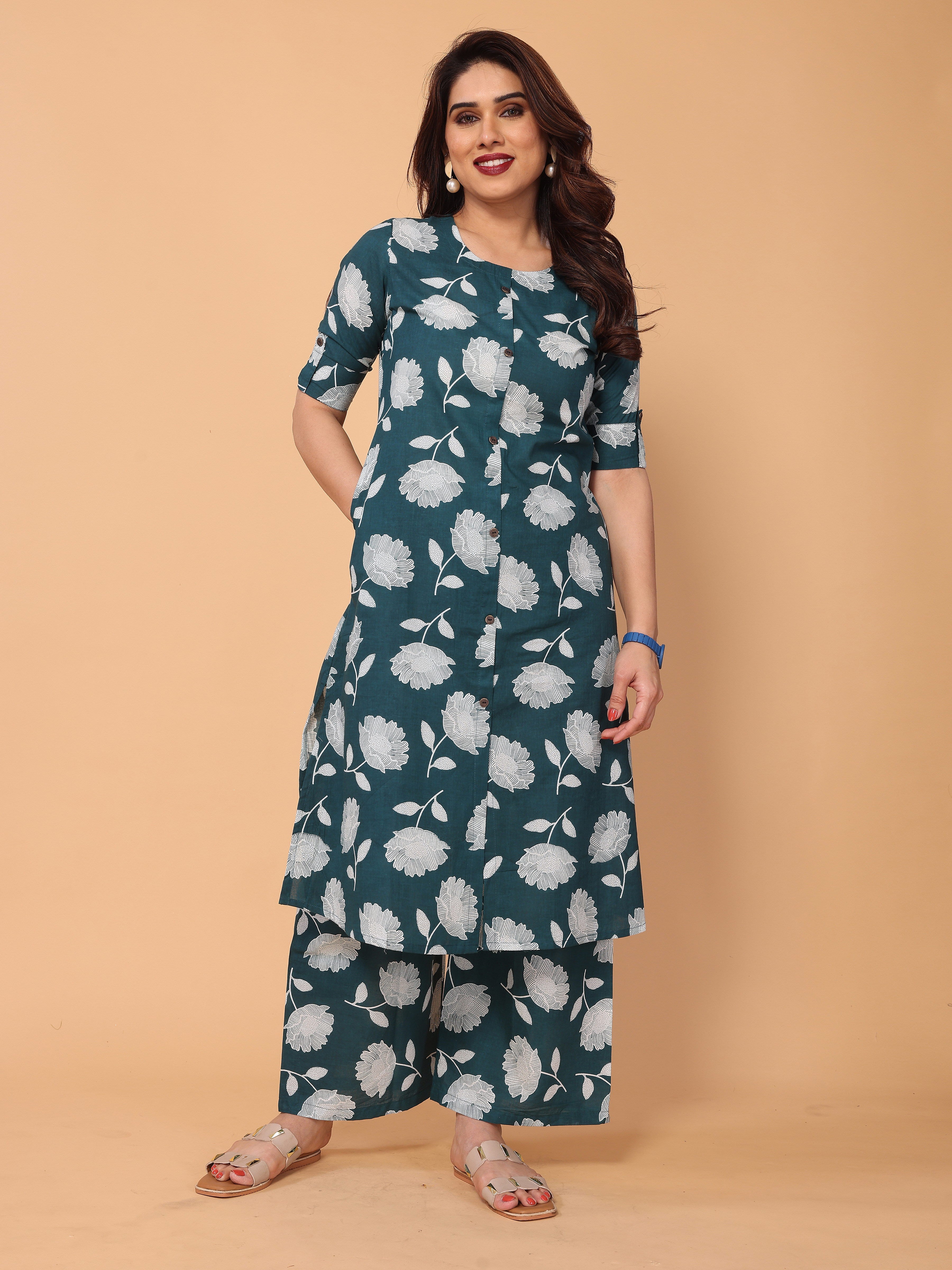 Cyan Blue Cotton Floral Printed Kurta Palazzo Set