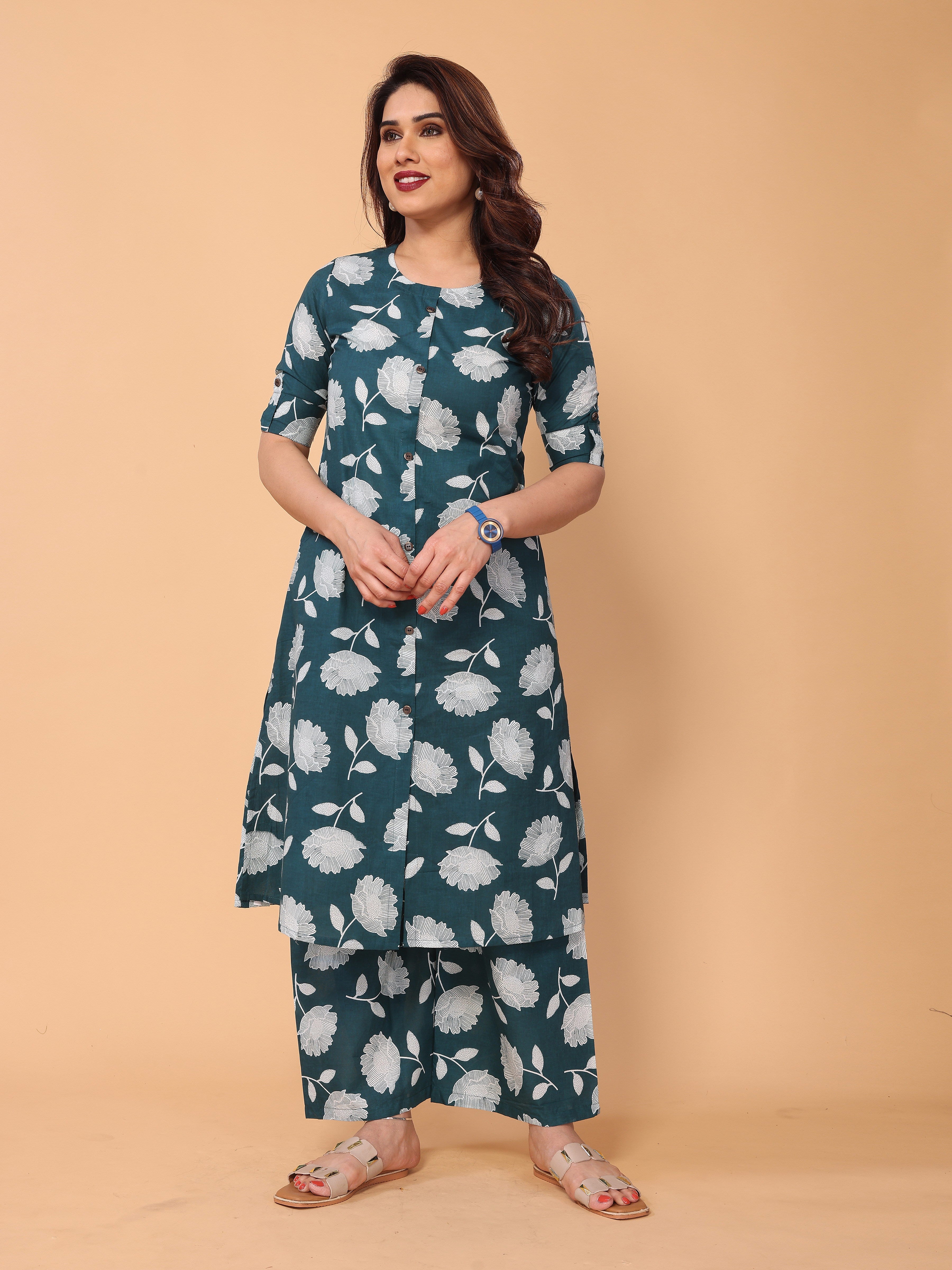 Cyan Blue Cotton Floral Printed Kurta Palazzo Set