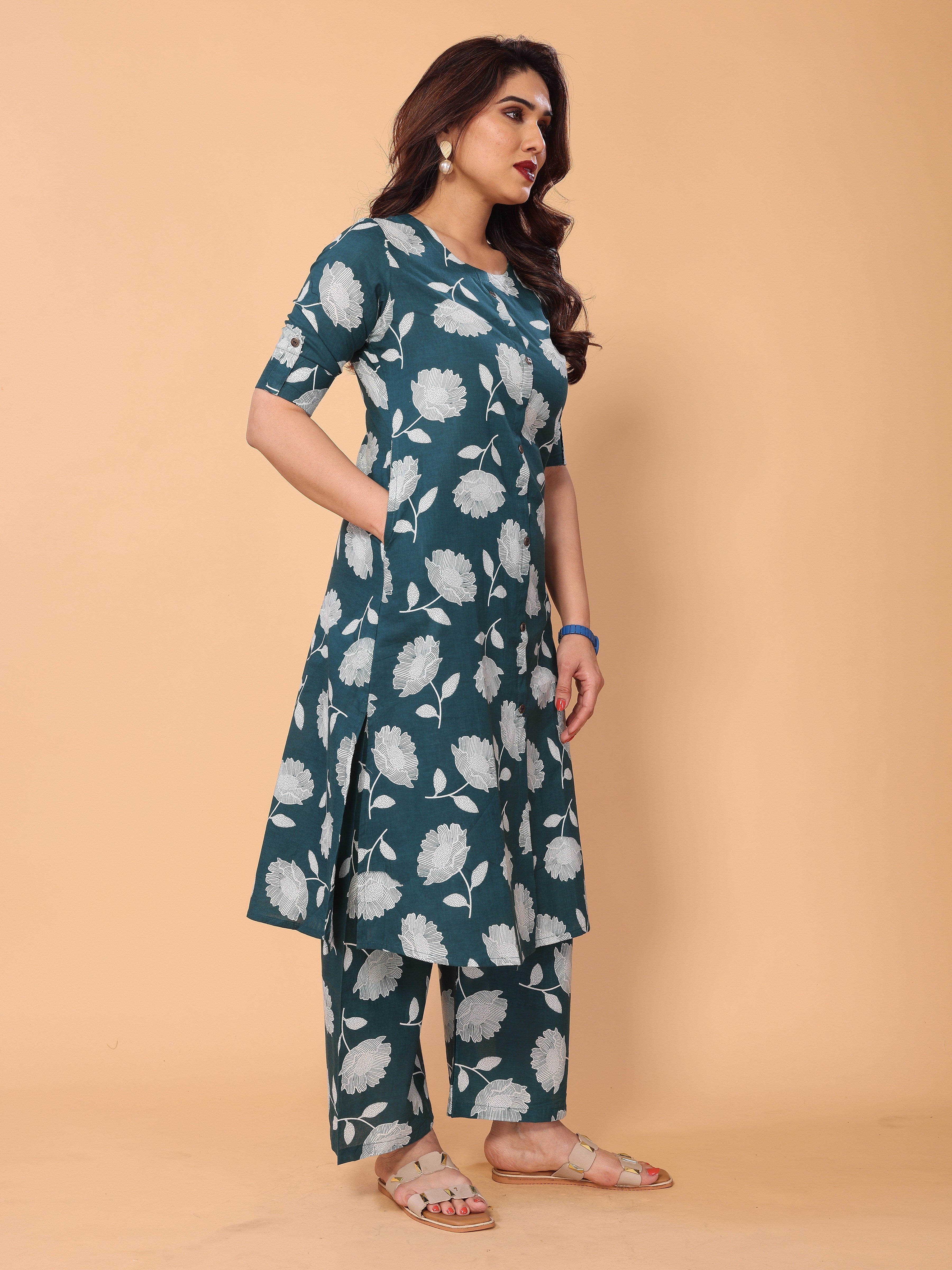Cyan Blue Cotton Floral Printed Kurta Palazzo Set