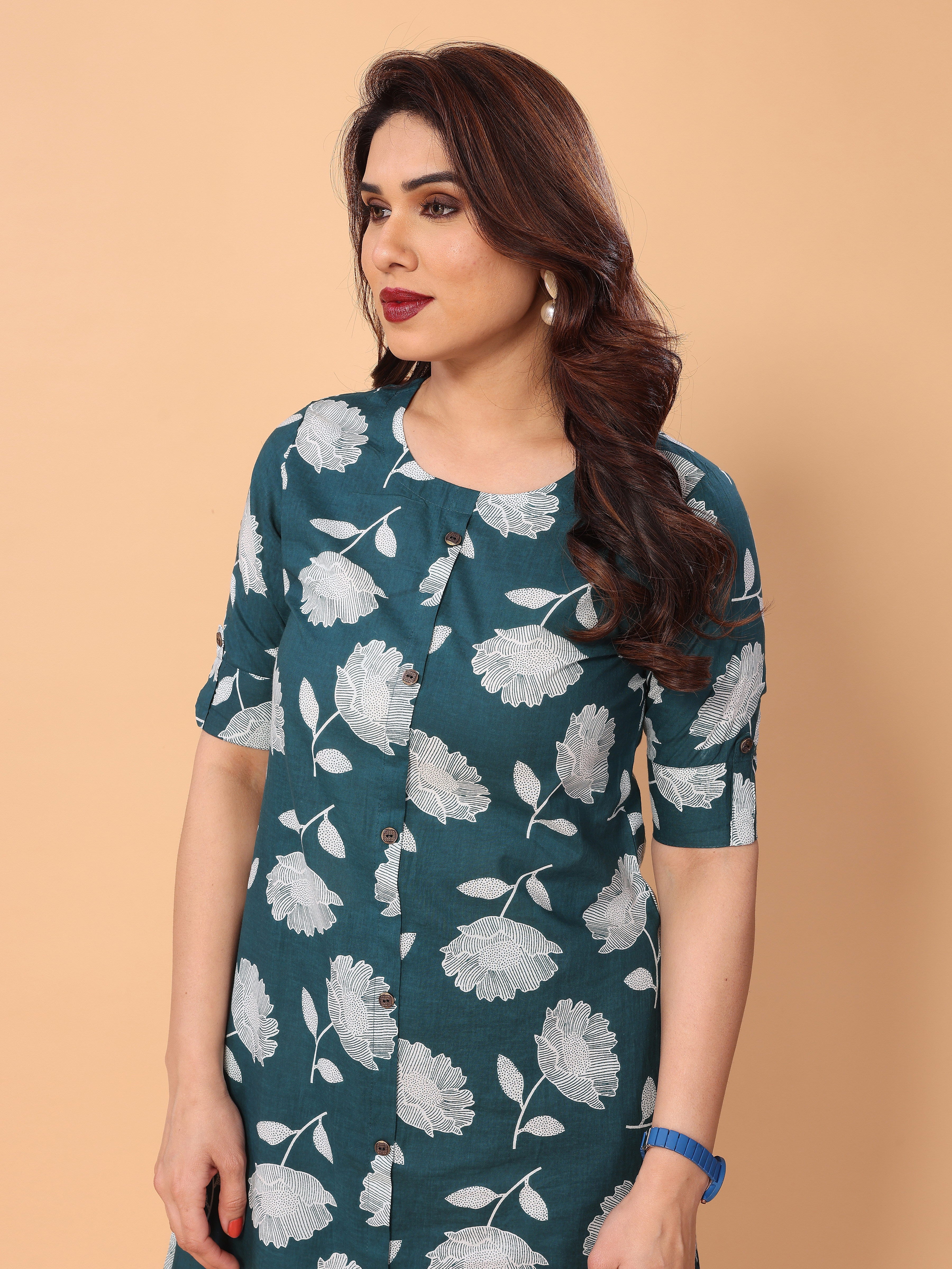 Cyan Blue Cotton Floral Printed Kurta Palazzo Set