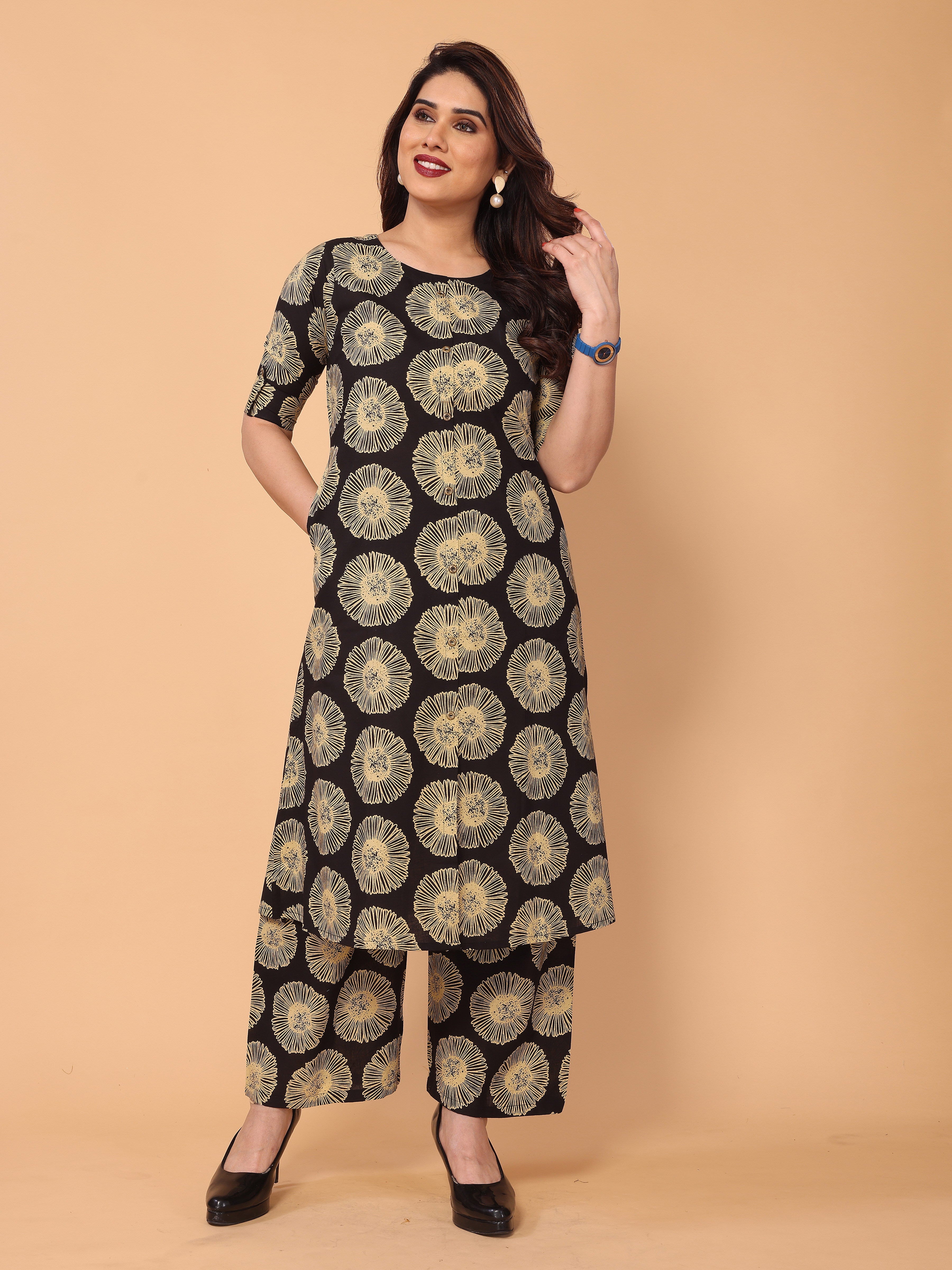 Black Floral Printed Kurta Palazzo Set in Cotton