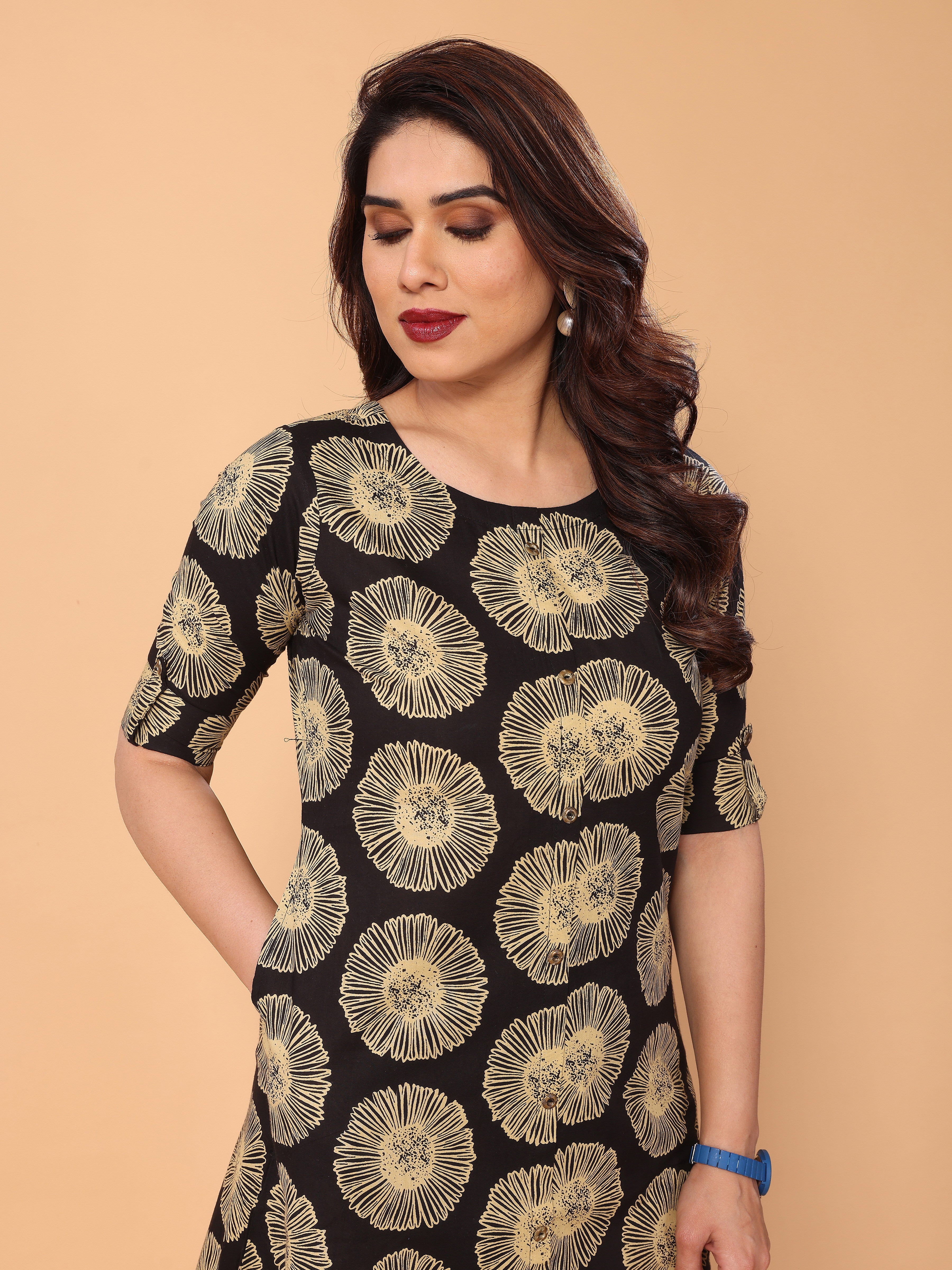 Black Floral Printed Kurta Palazzo Set in Cotton