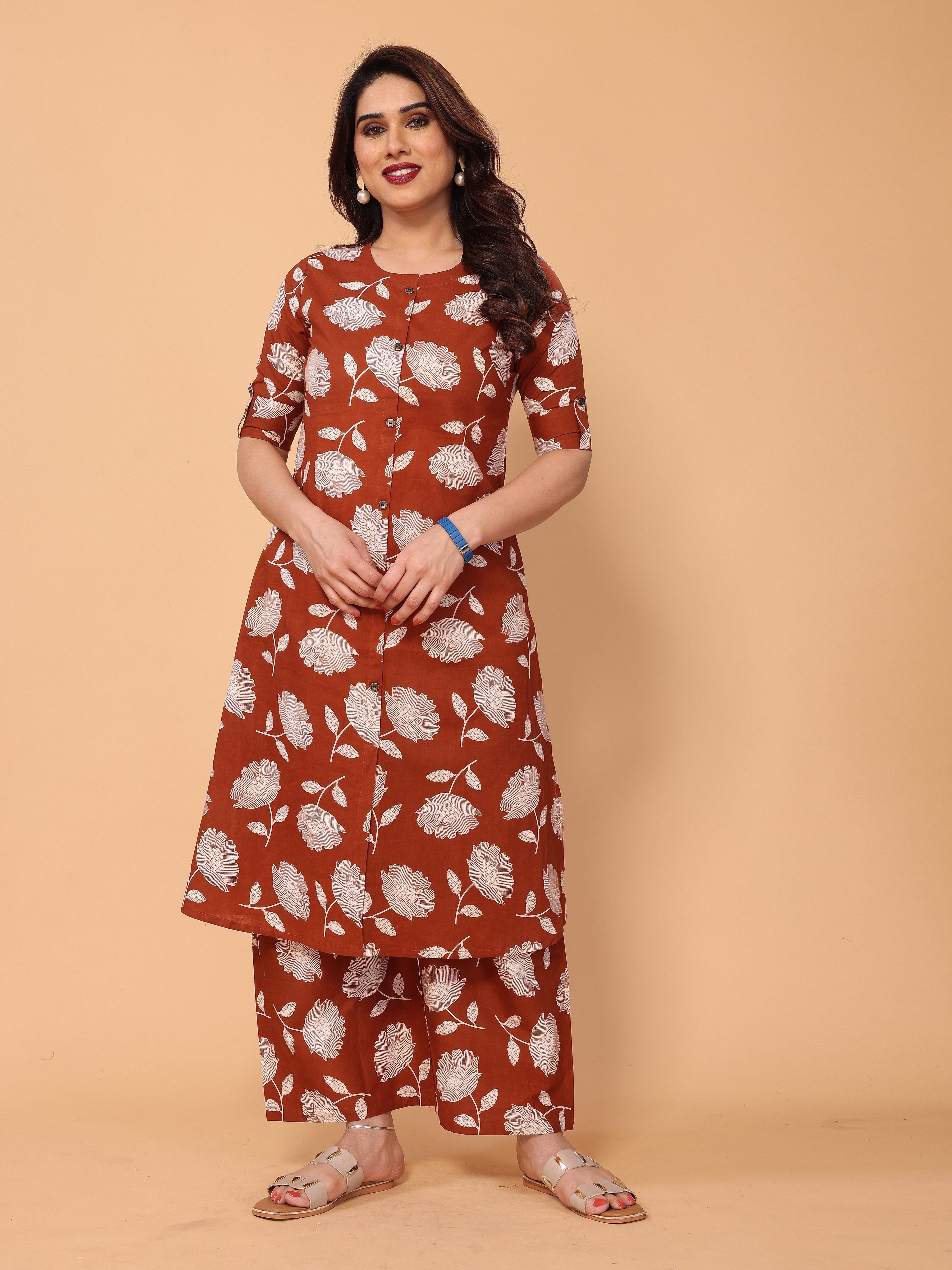 Brown Red Cotton Floral Printed Kurta Palazzo Set
