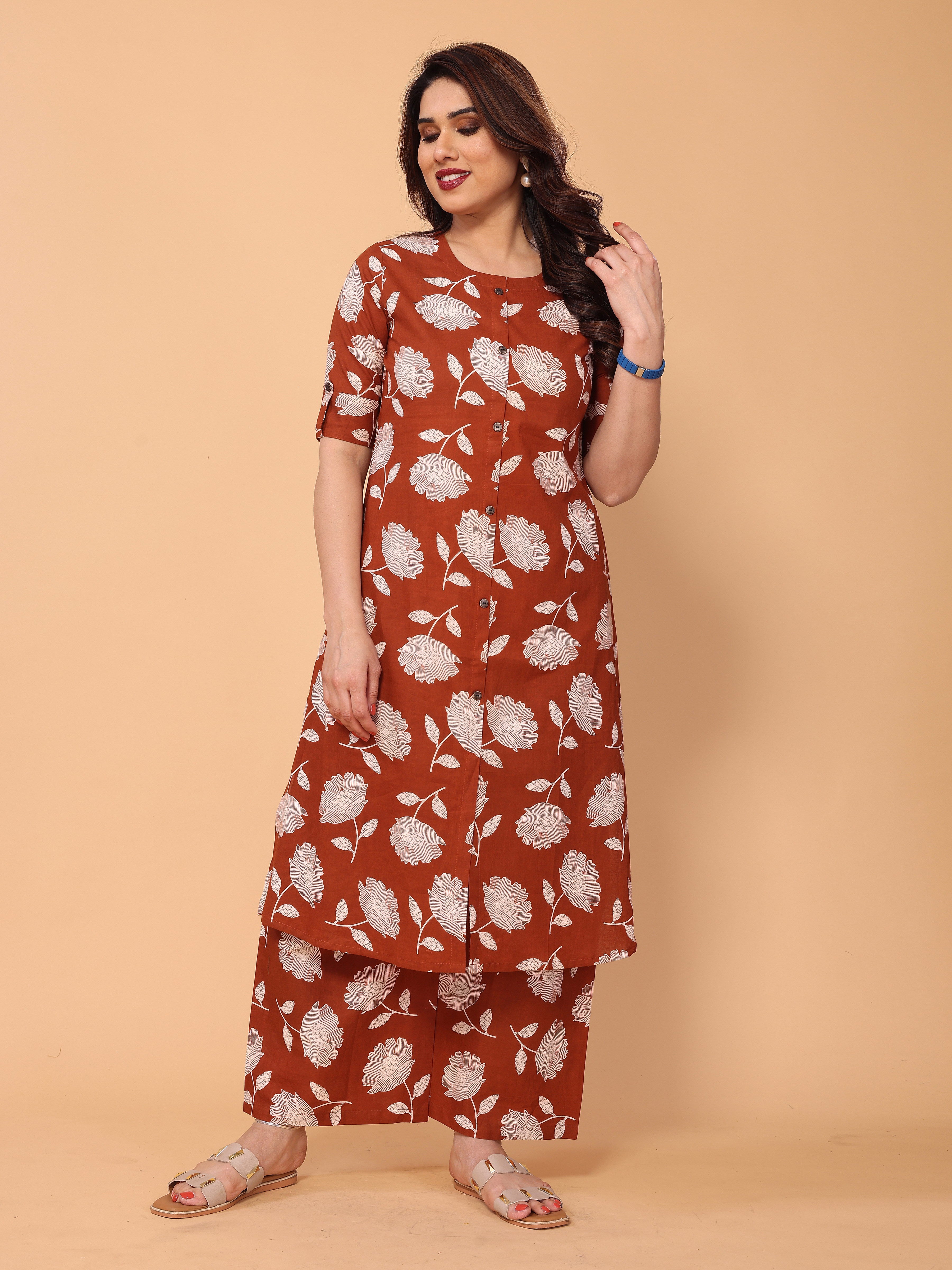 Brown Red Cotton Floral Printed Kurta Palazzo Set