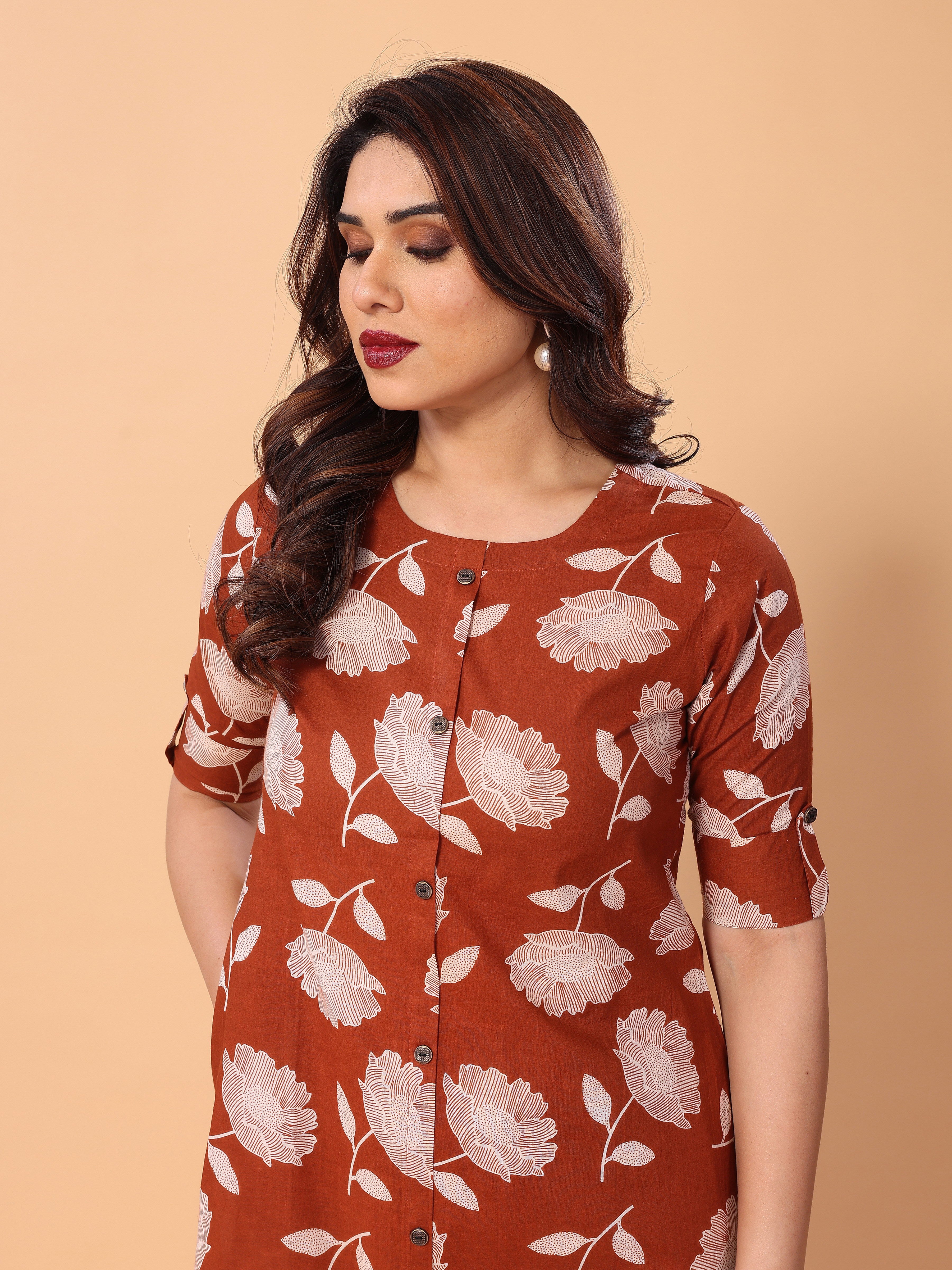 Brown Red Cotton Floral Printed Kurta Palazzo Set