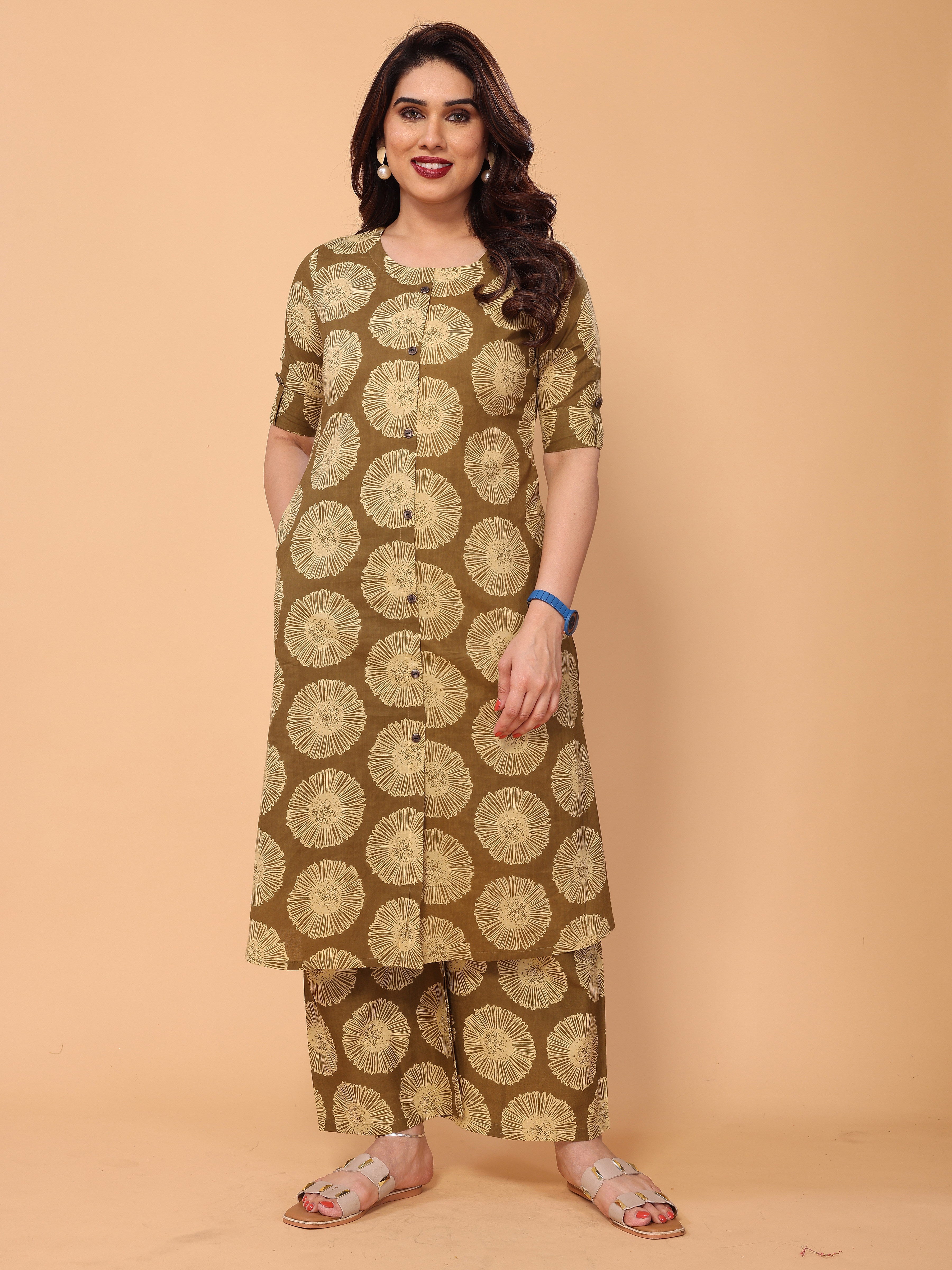 Brown Floral Printed Kurta Palazzo Set in Cotton