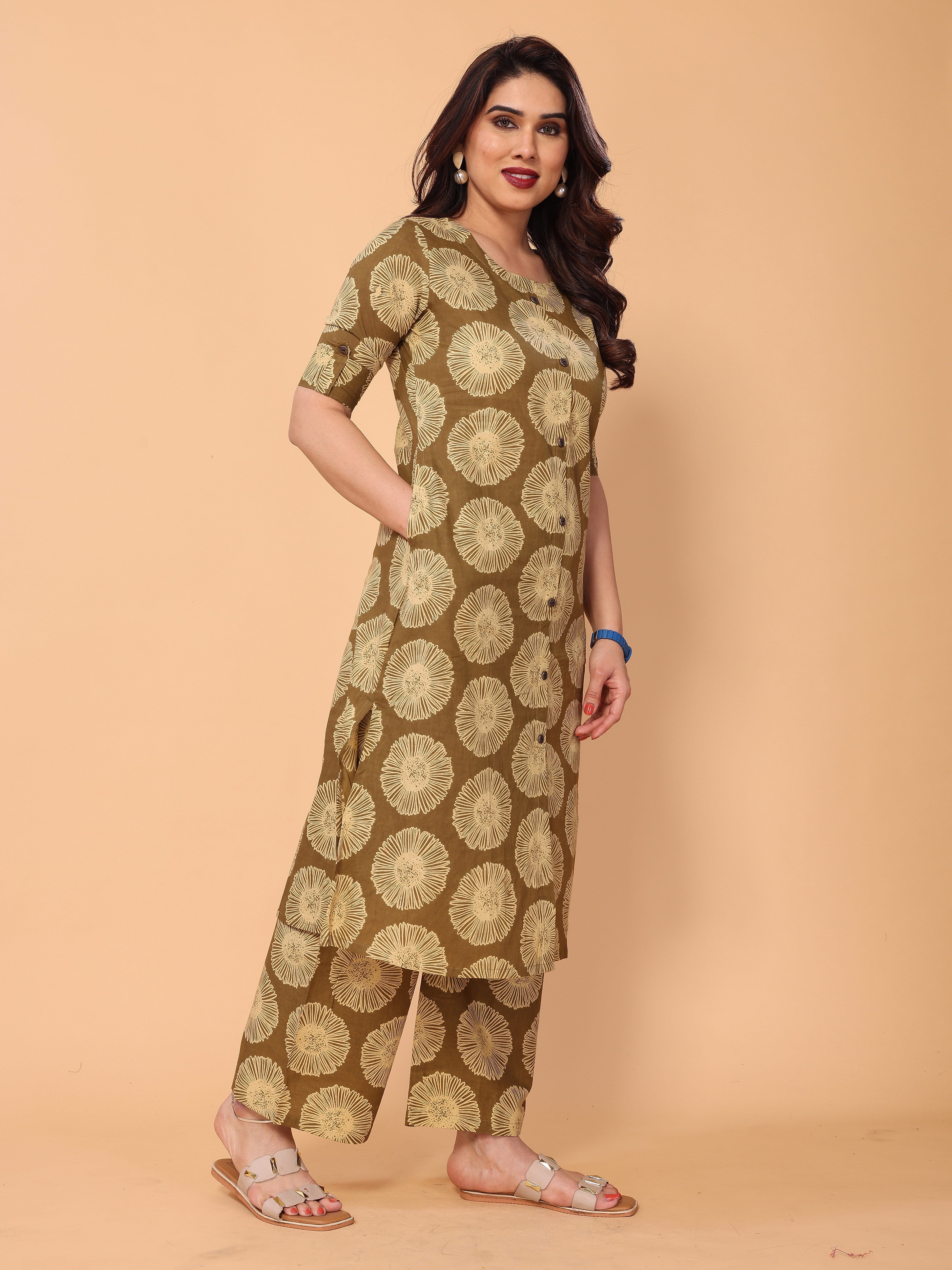 Brown Floral Printed Kurta Palazzo Set in Cotton
