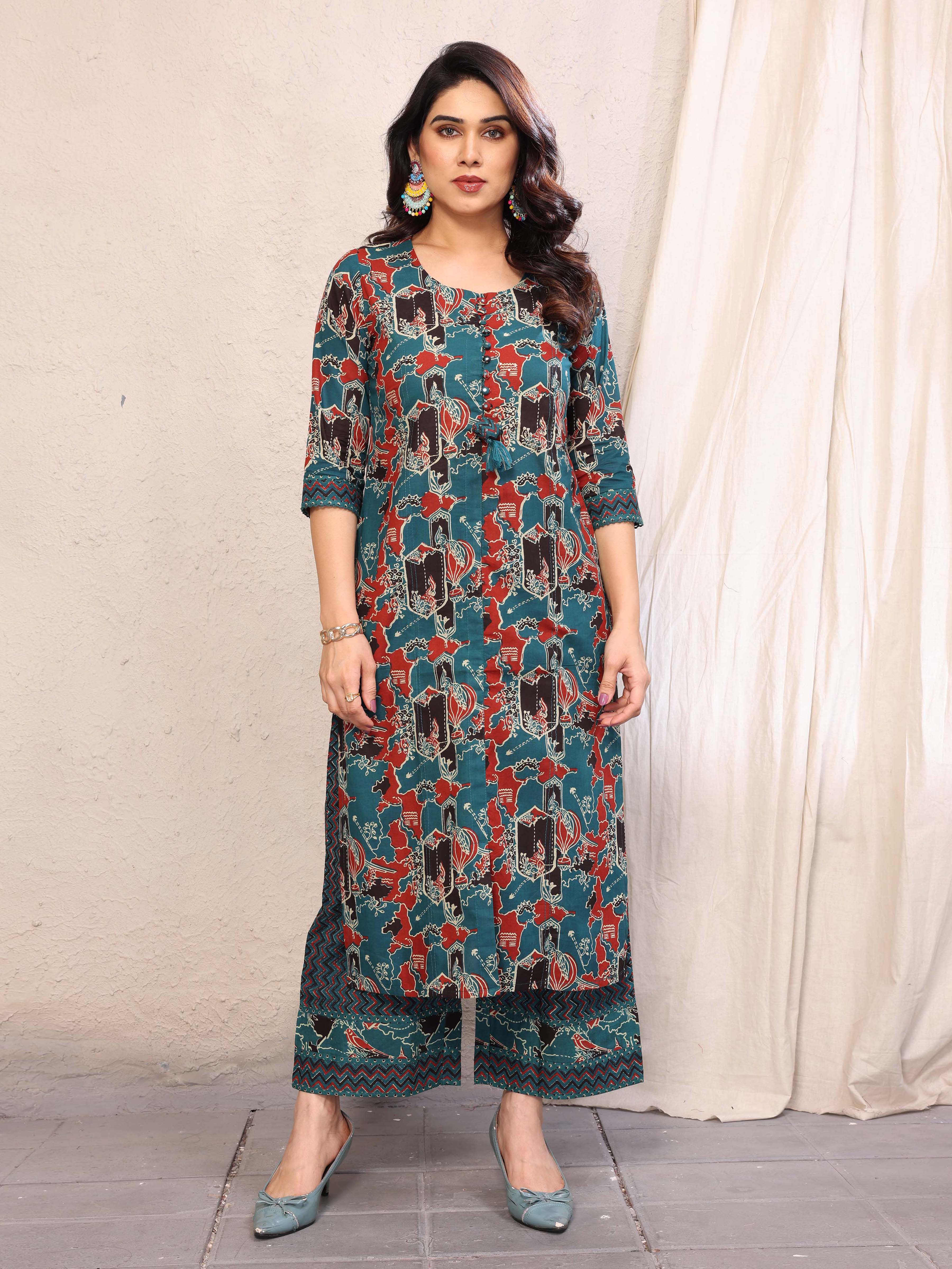 Cyan Blue Abstract Printed Three Quarter Sleeves Cotton Kurta with Palazzo