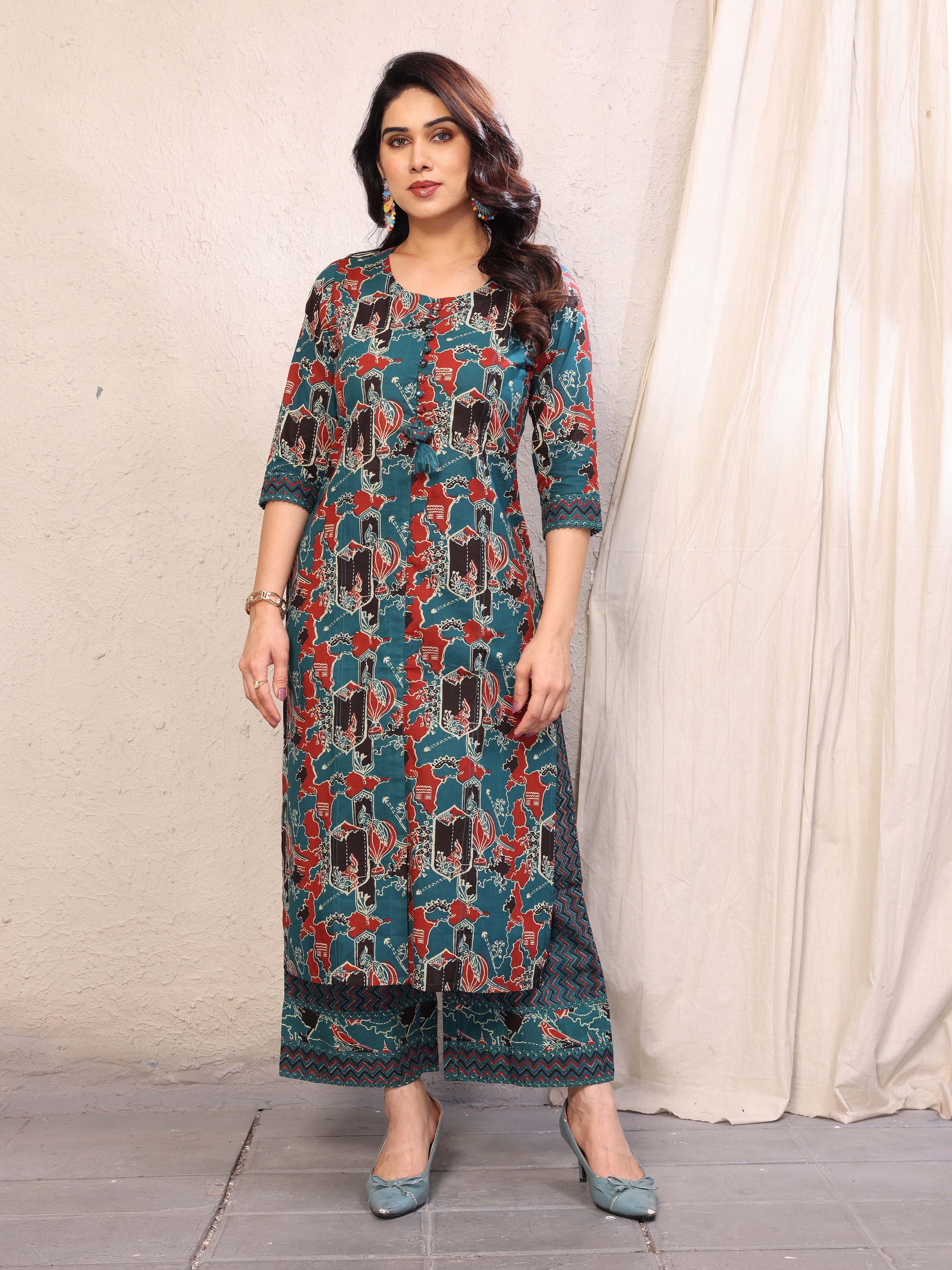 Cyan Blue Abstract Printed Three Quarter Sleeves Cotton Kurta with Palazzo