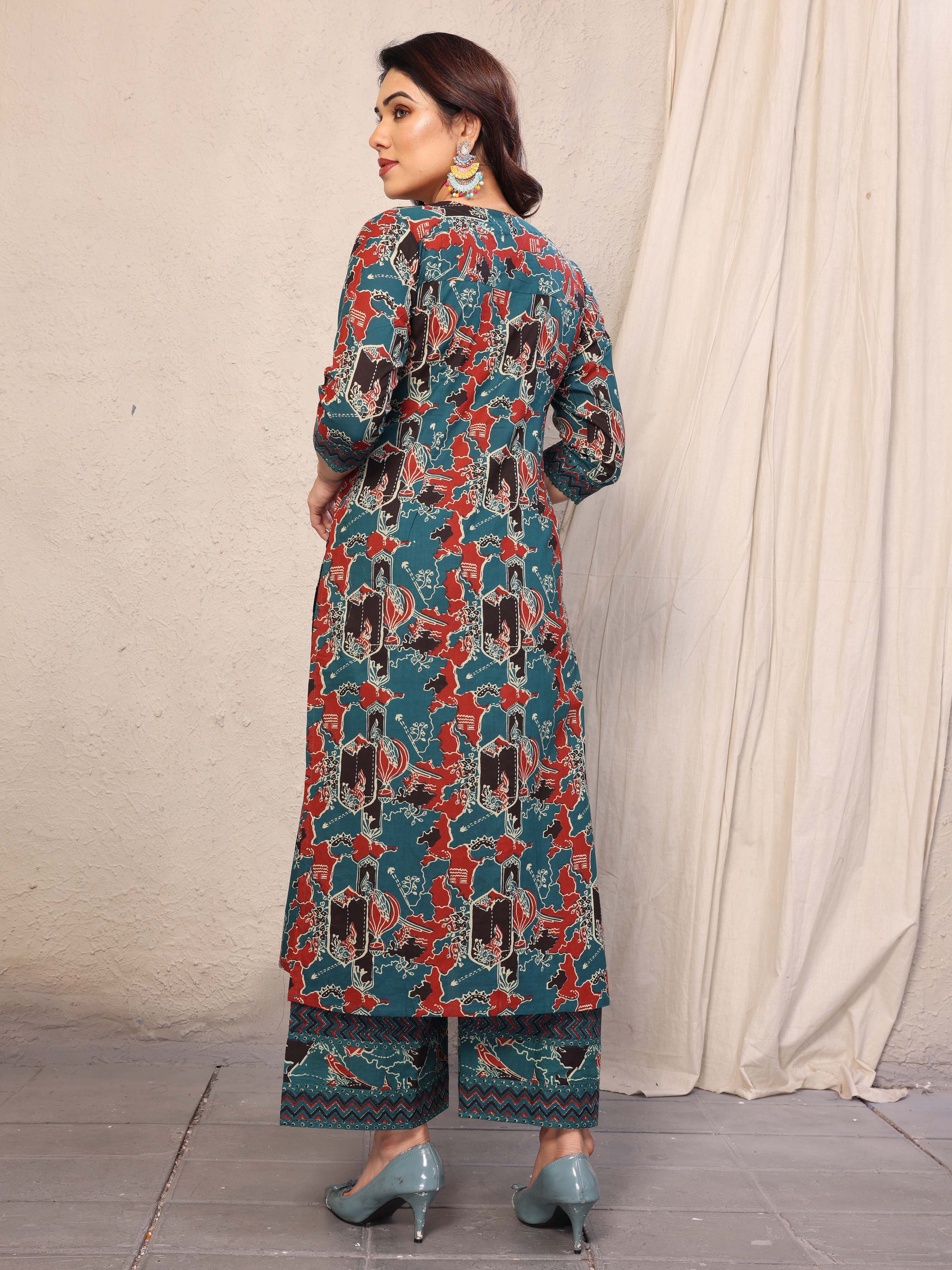 Cyan Blue Abstract Printed Three Quarter Sleeves Cotton Kurta with Palazzo