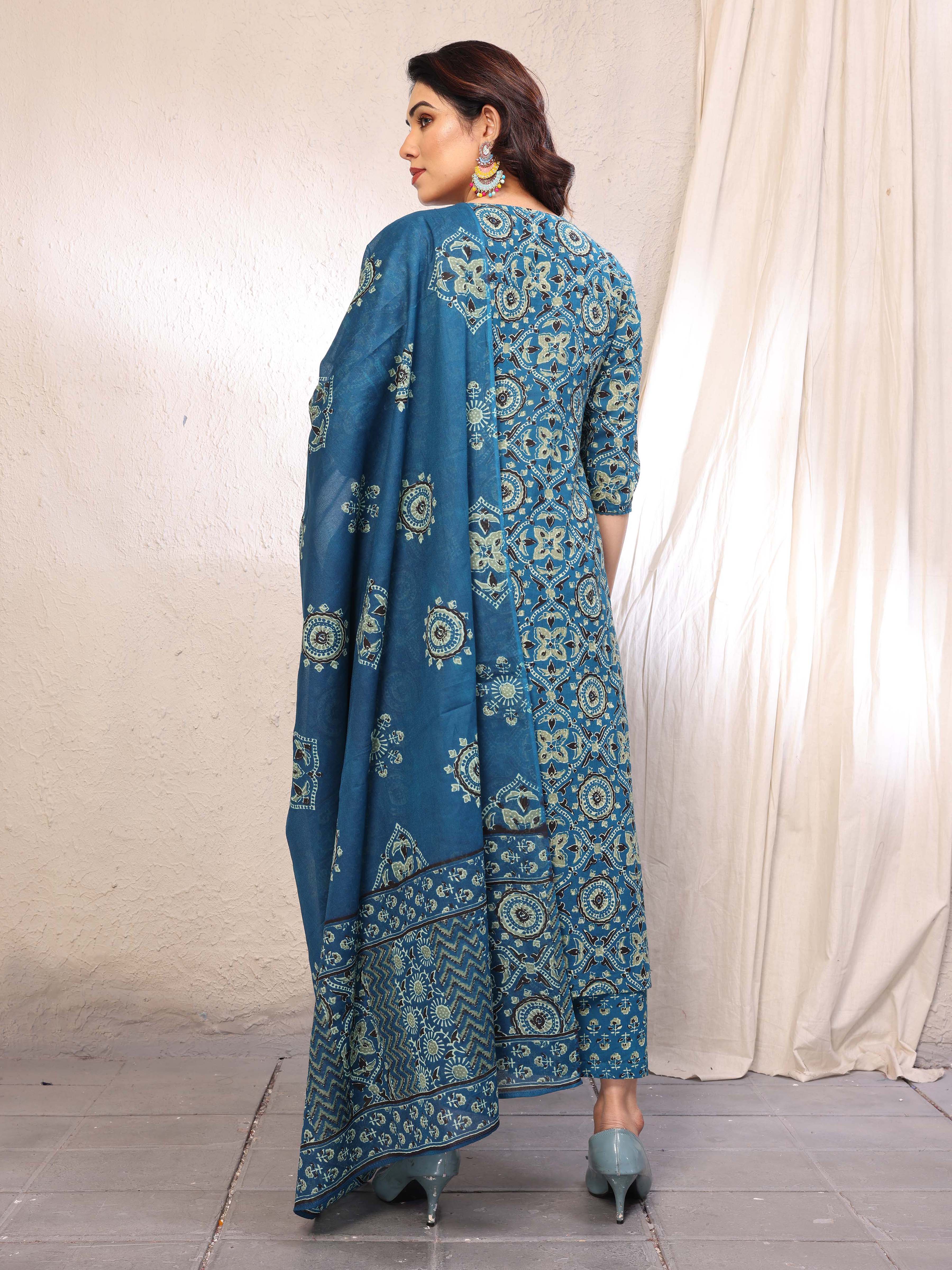 Teal Blue Printed Straight Kurta Pant & Dupatta Set