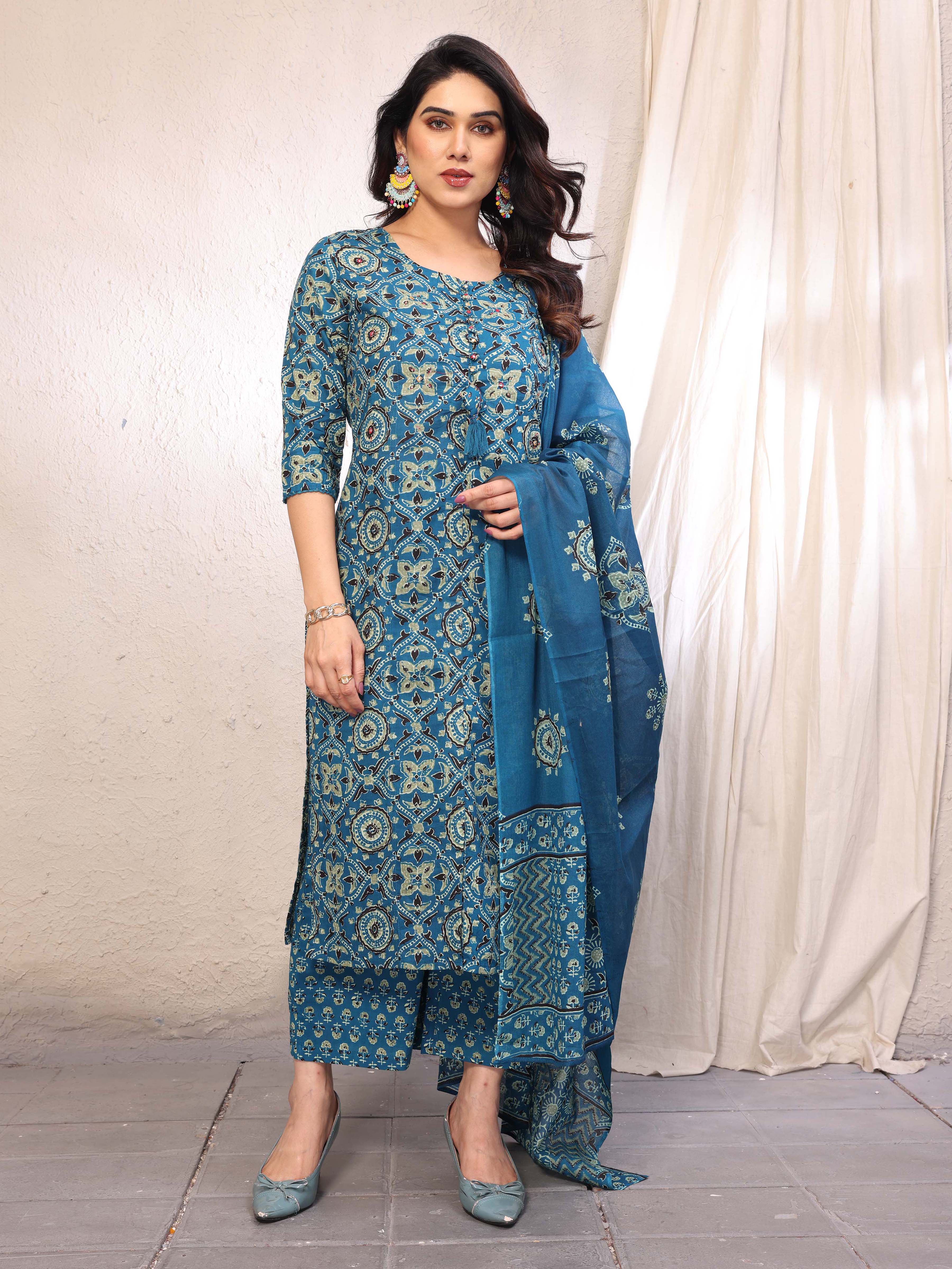 Teal Blue Printed Straight Kurta Pant & Dupatta Set