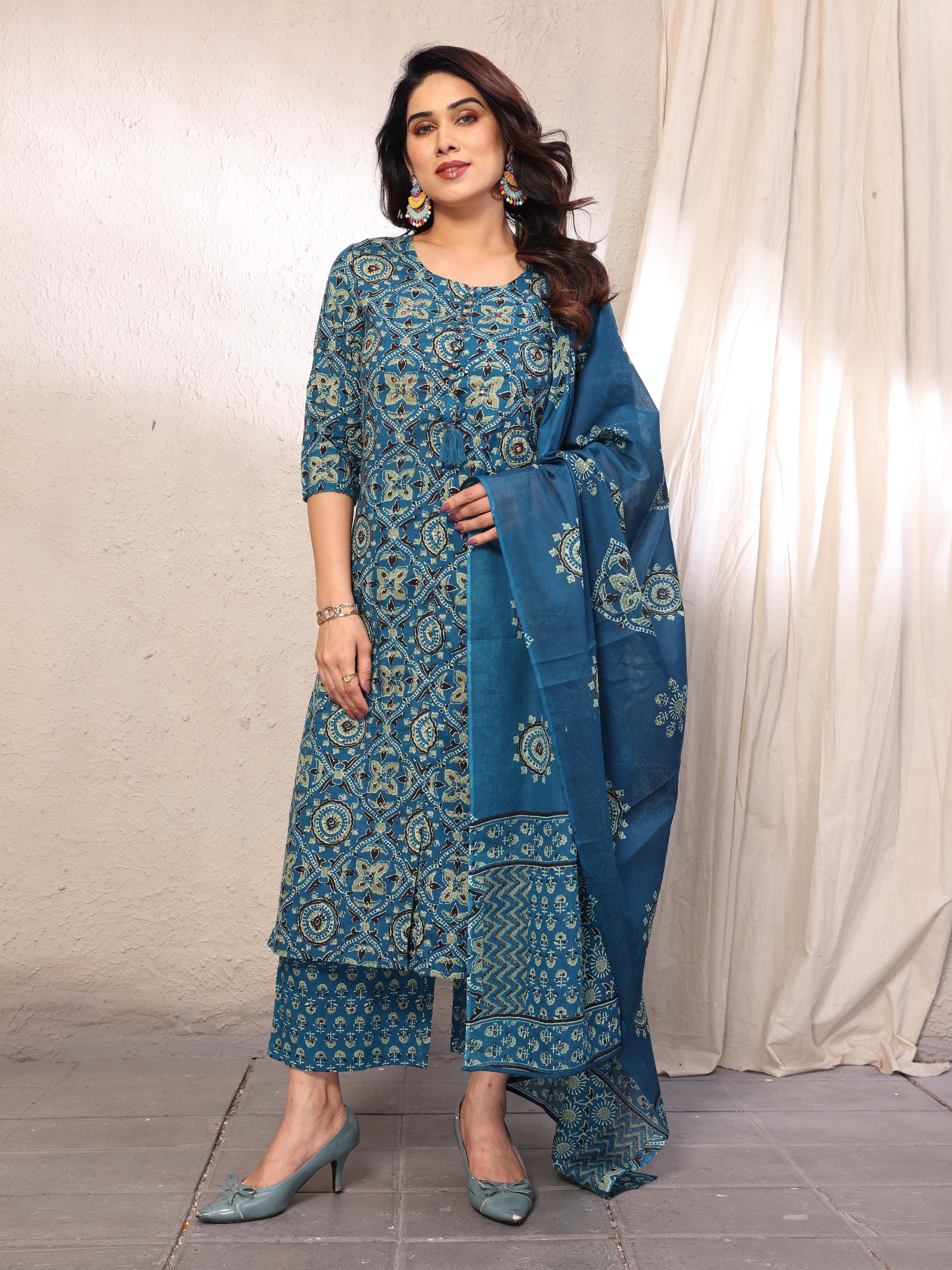 Teal Blue Printed Straight Kurta Pant & Dupatta Set