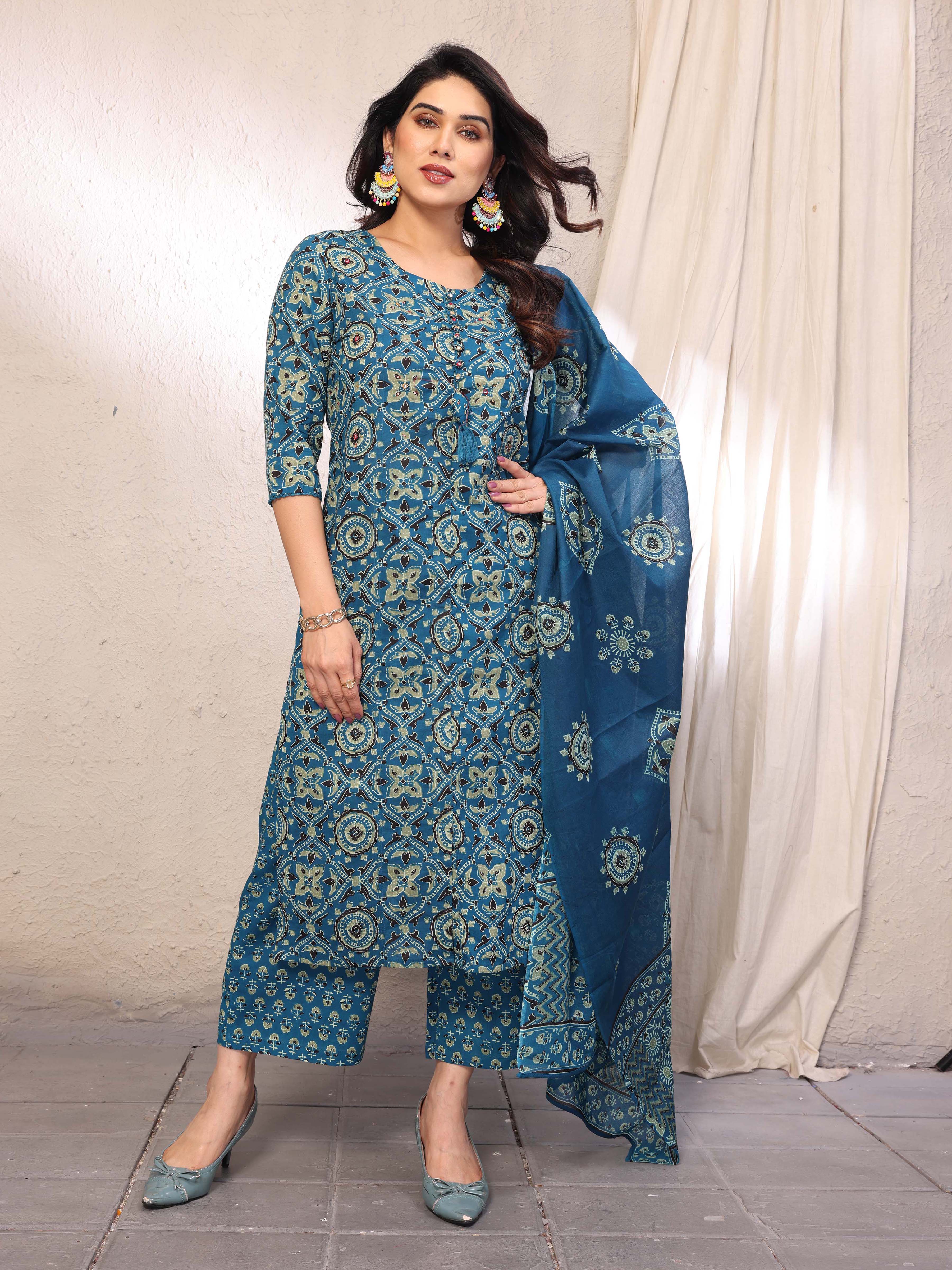 Teal Blue Printed Straight Kurta Pant & Dupatta Set