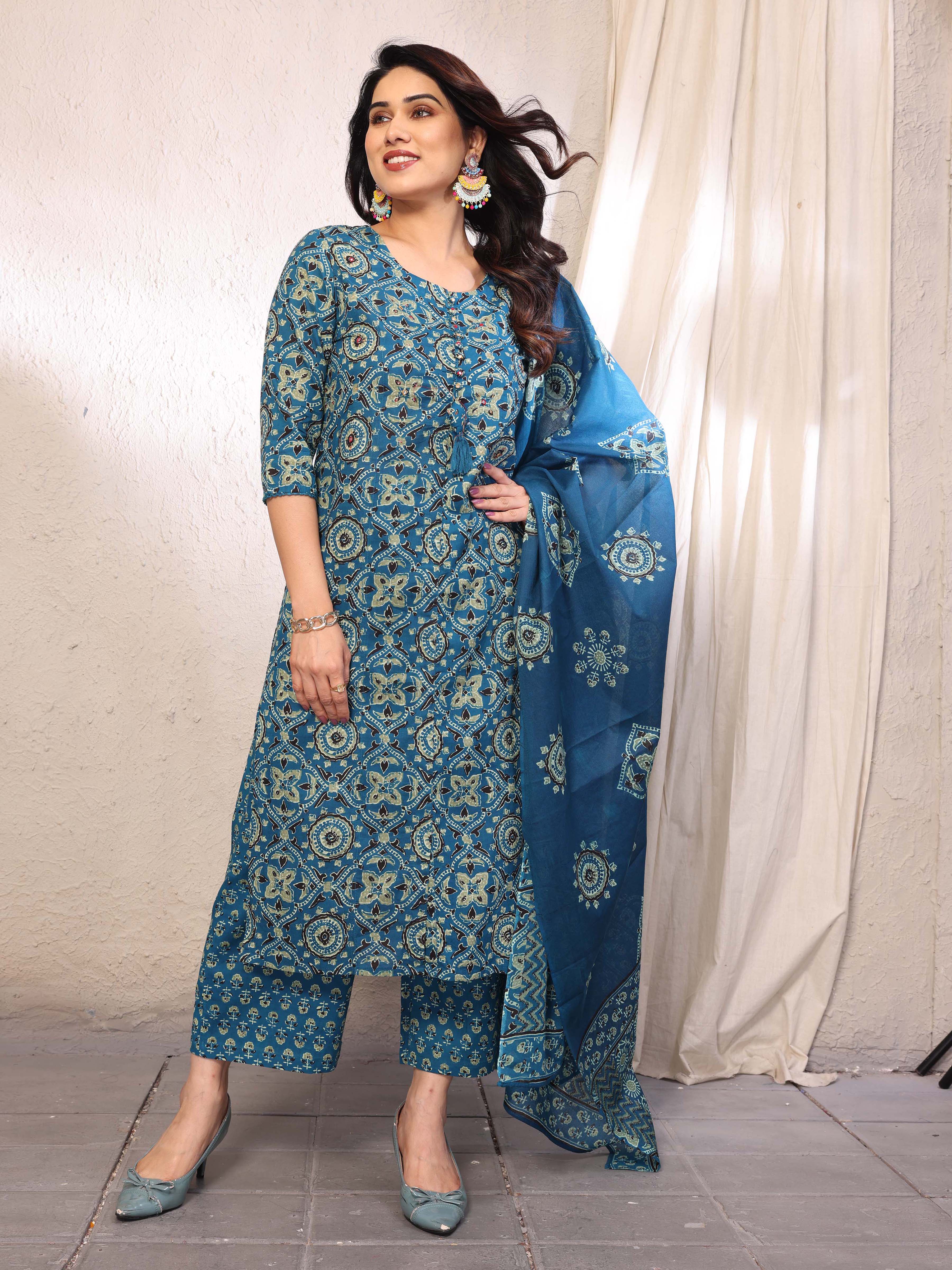 Teal Blue Printed Straight Kurta Pant & Dupatta Set