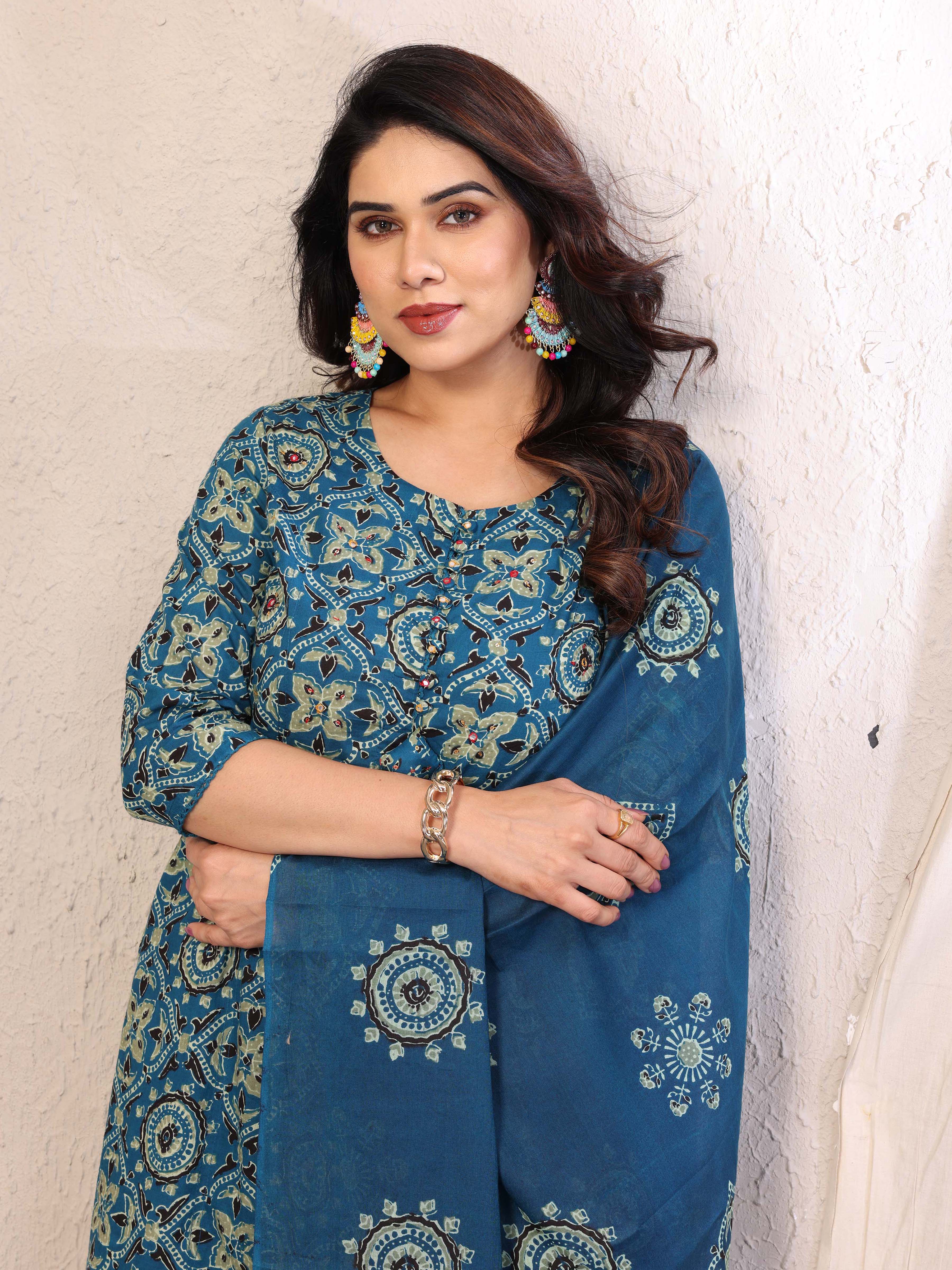 Teal Blue Printed Straight Kurta Pant & Dupatta Set