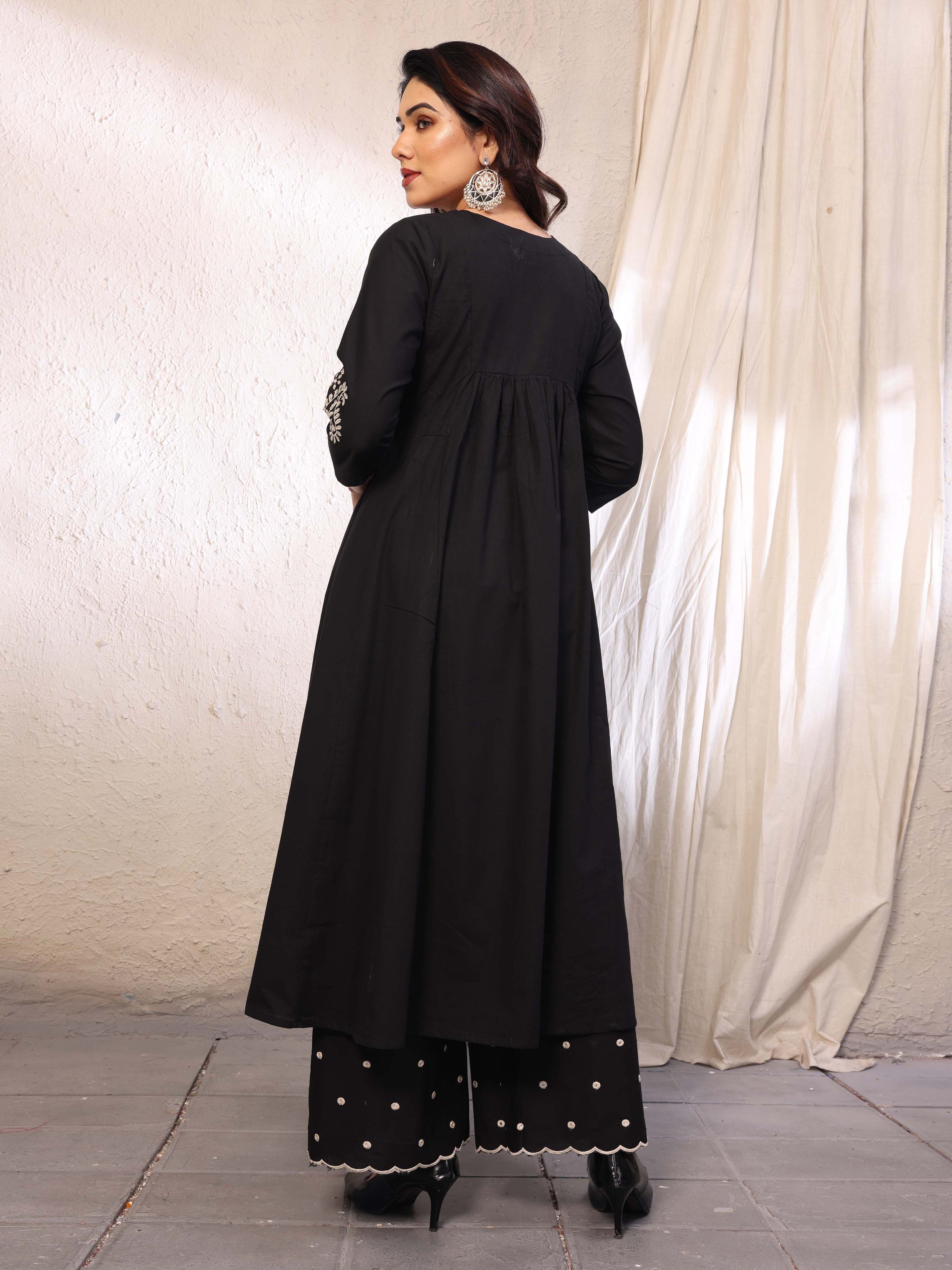 Black Flared A-Line Mirror Embellished Kurta Palazzo Set